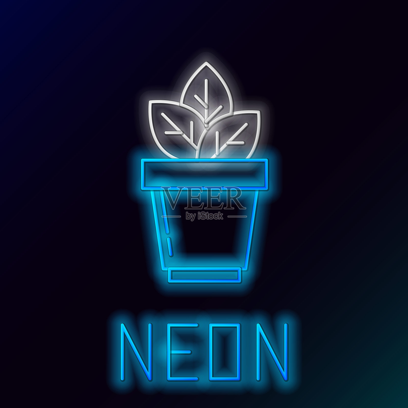 蓝色发光的霓虹线花在锅图标孤立的黑色背景。盆栽植物。盆栽植物标志。色彩缤纷的轮廓概念。矢量图插画图片素材