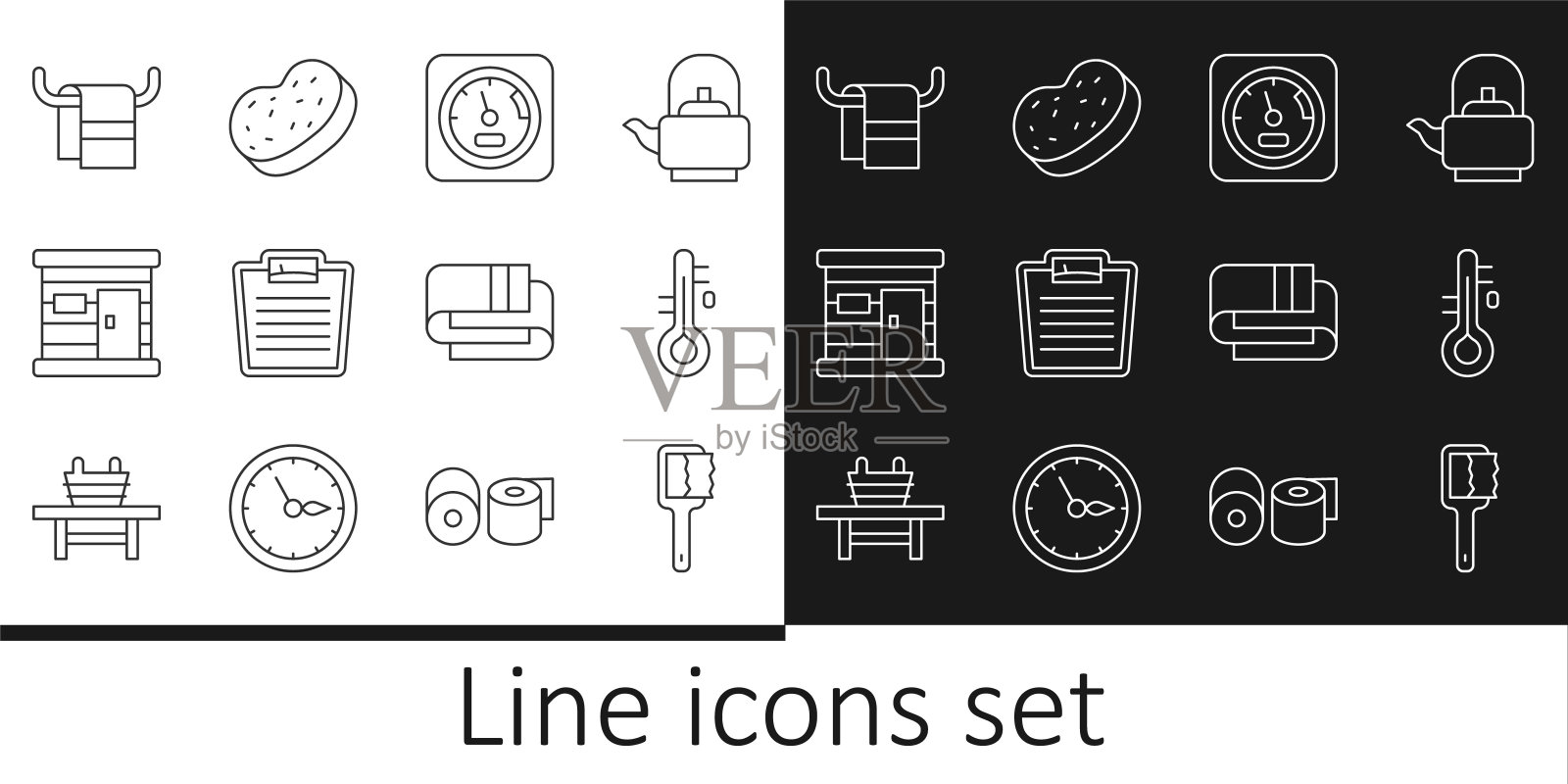 设置线桑拿刷，温度计，浴室秤，木制浴室，毛巾挂架，堆叠和海绵图标。向量图标素材