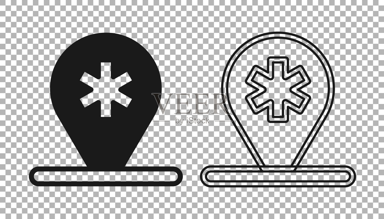 黑色医学地图指针与交叉医院图标隔离在透明的背景。向量图标素材