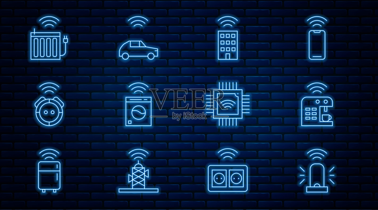 集线智能闪光警报器，咖啡机，家用无线，洗衣机，机器人真空吸尘器，加热散热器，处理器微电路CPU和汽车系统图标。向量插画图片素材