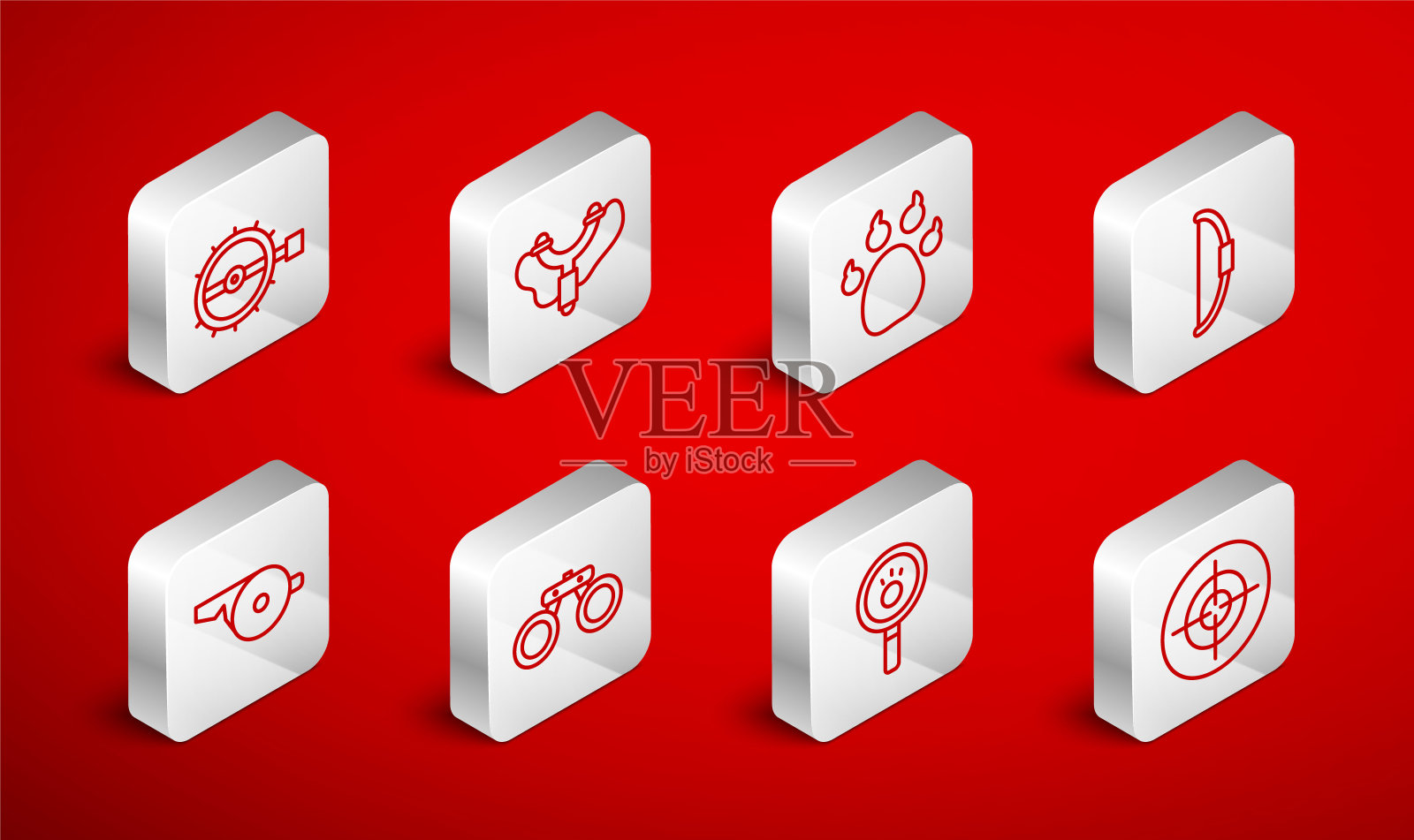 设定线目标运动，弹弓，爪印，弓，搜索，陷阱狩猎，双筒望远镜和哨子图标。向量图标素材