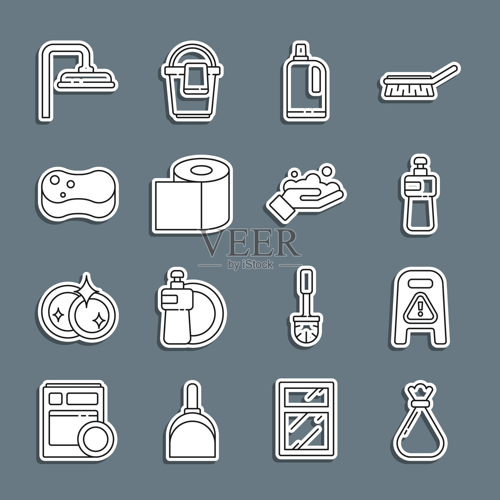 设置垃圾袋，湿地和正在进行的清洁，洗洁精瓶，织物柔软剂，卫生纸卷，海绵，淋浴头和洗手用肥皂图标。向量图标素材