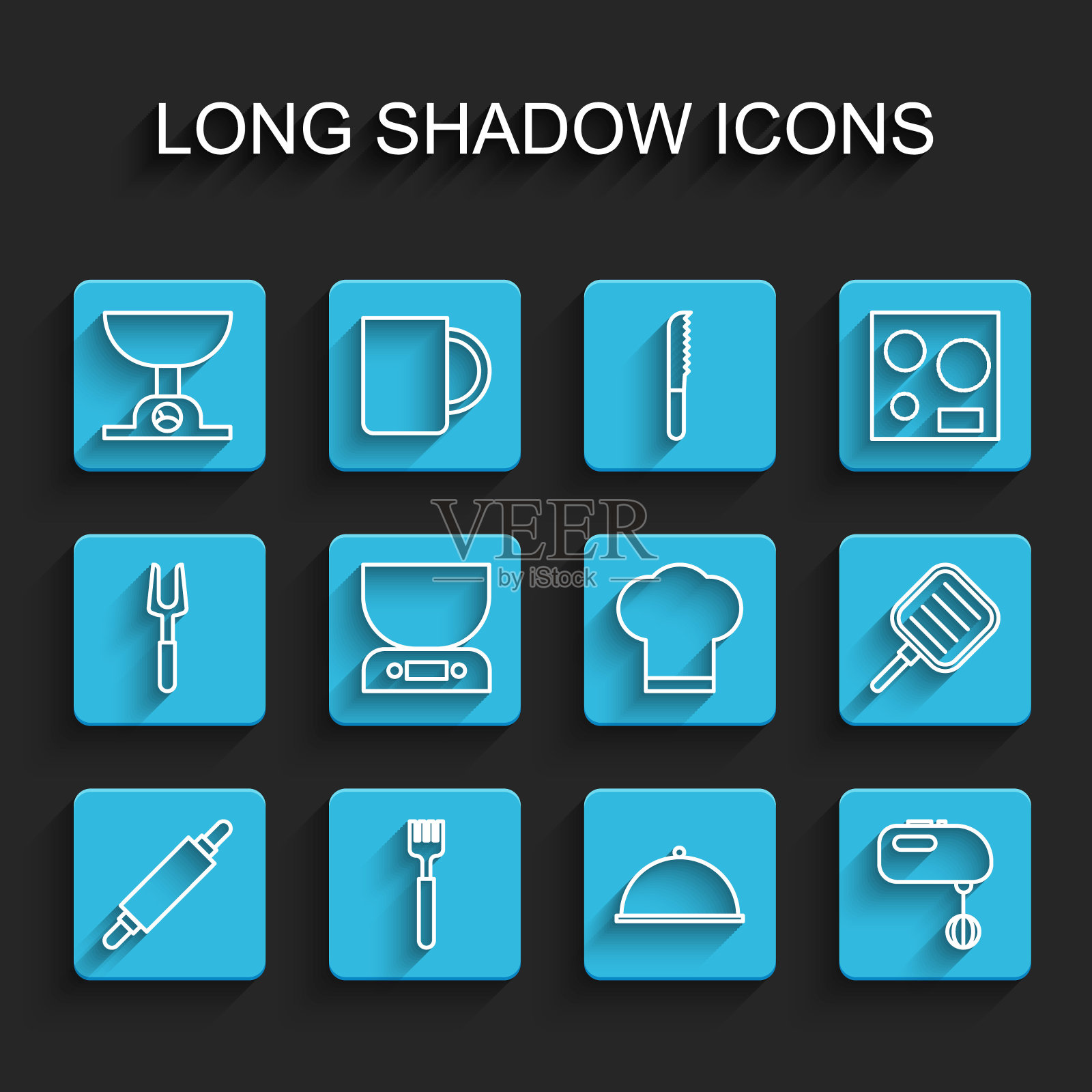 设置线擀面杖，叉子，电子秤，覆盖托盘，电动搅拌机，煎锅和厨师帽子图标。向量图标素材