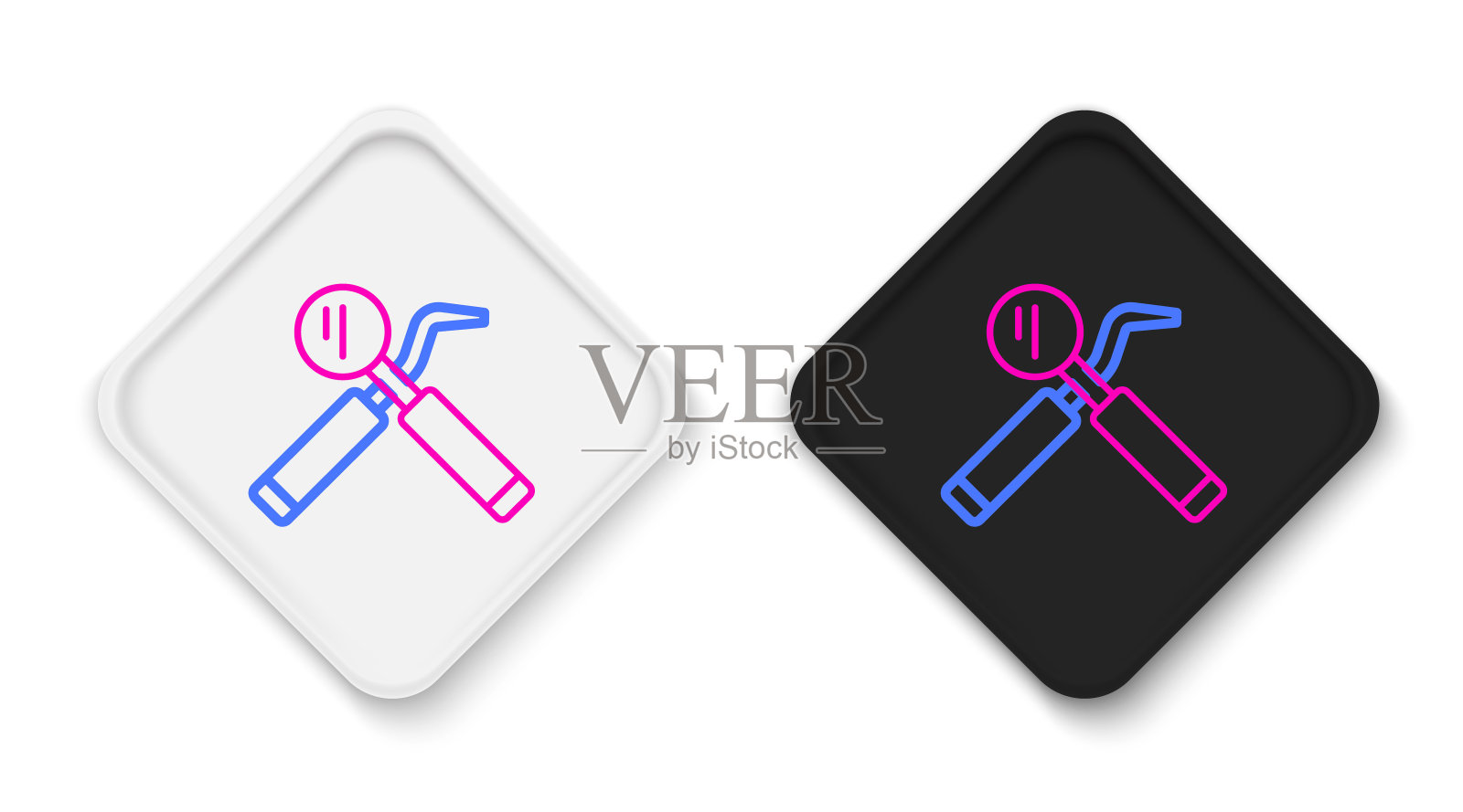 线牙科检查镜和探针图标隔离在白色背景。Explorer标量。工具牙齿检查。色彩缤纷的轮廓概念。向量图标素材
