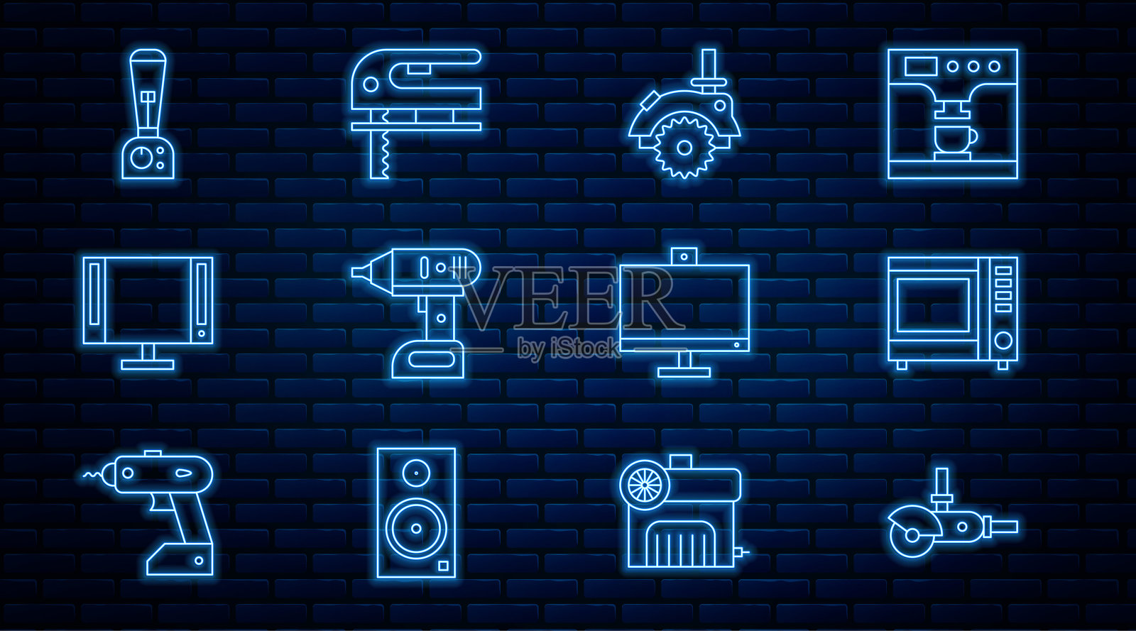 设置线角磨机，微波炉，电动圆锯，无绳螺丝刀，智能电视，搅拌机，电脑显示器和拼图图标。向量插画图片素材