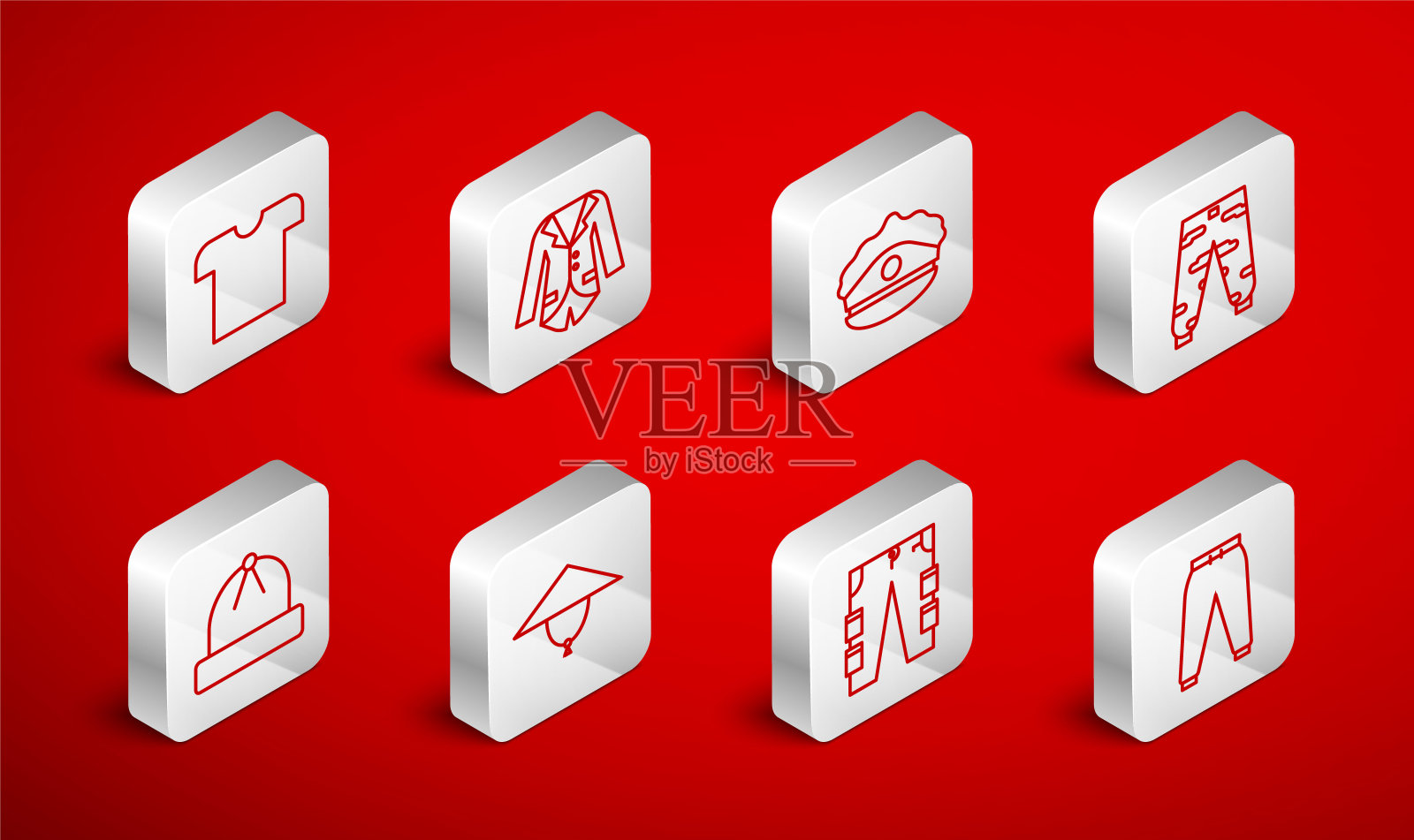 套装线运动裤，运动夹克，警帽与帽檐，迷彩货物，货物，t恤，亚洲锥形帽和冬季图标。向量图标素材