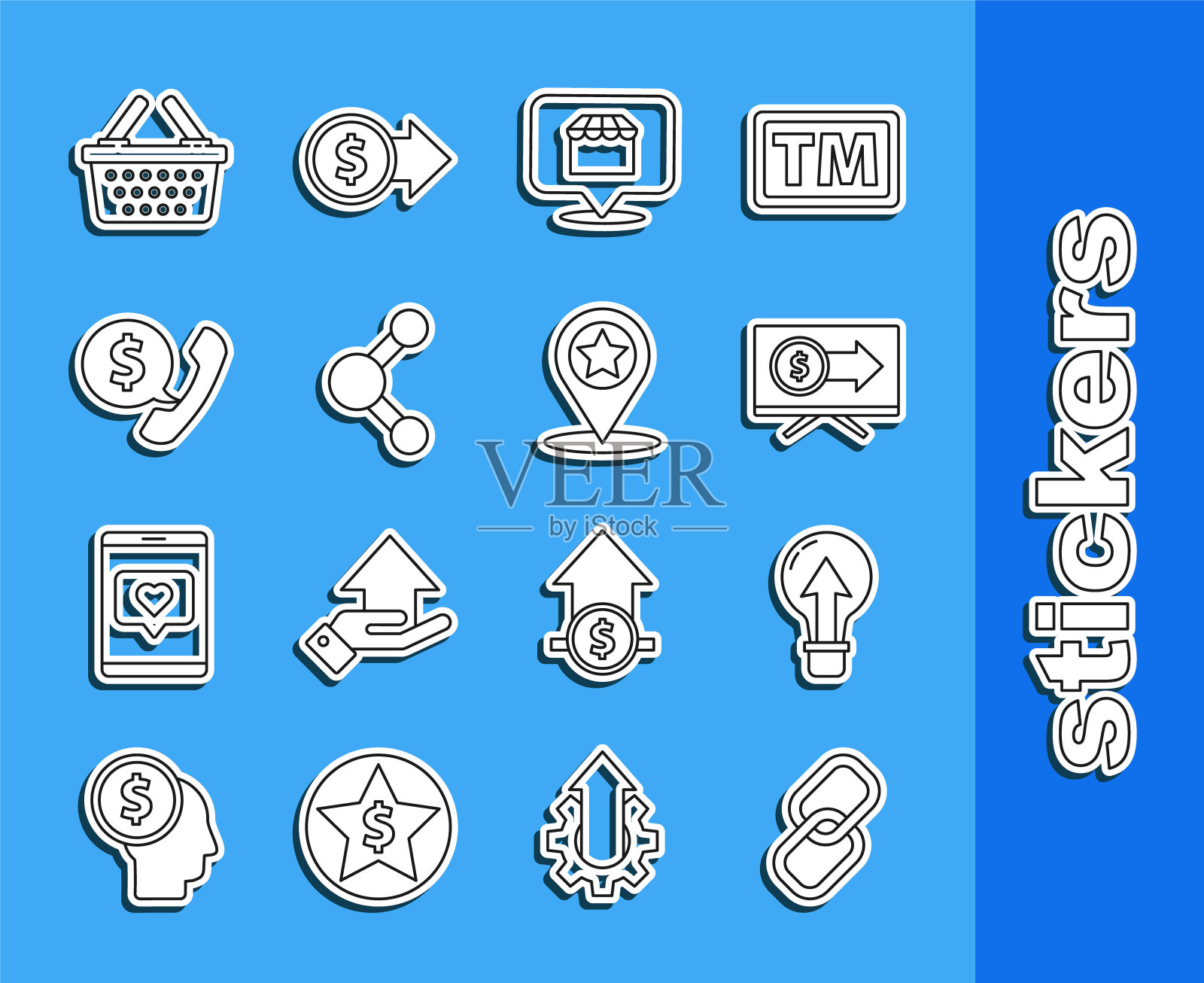 设置线路链环，灯泡，监视器与美元，网上购物的概念，分享，电话听筒和语音泡泡聊天，购物篮和地图指针星形图标。向量图标素材