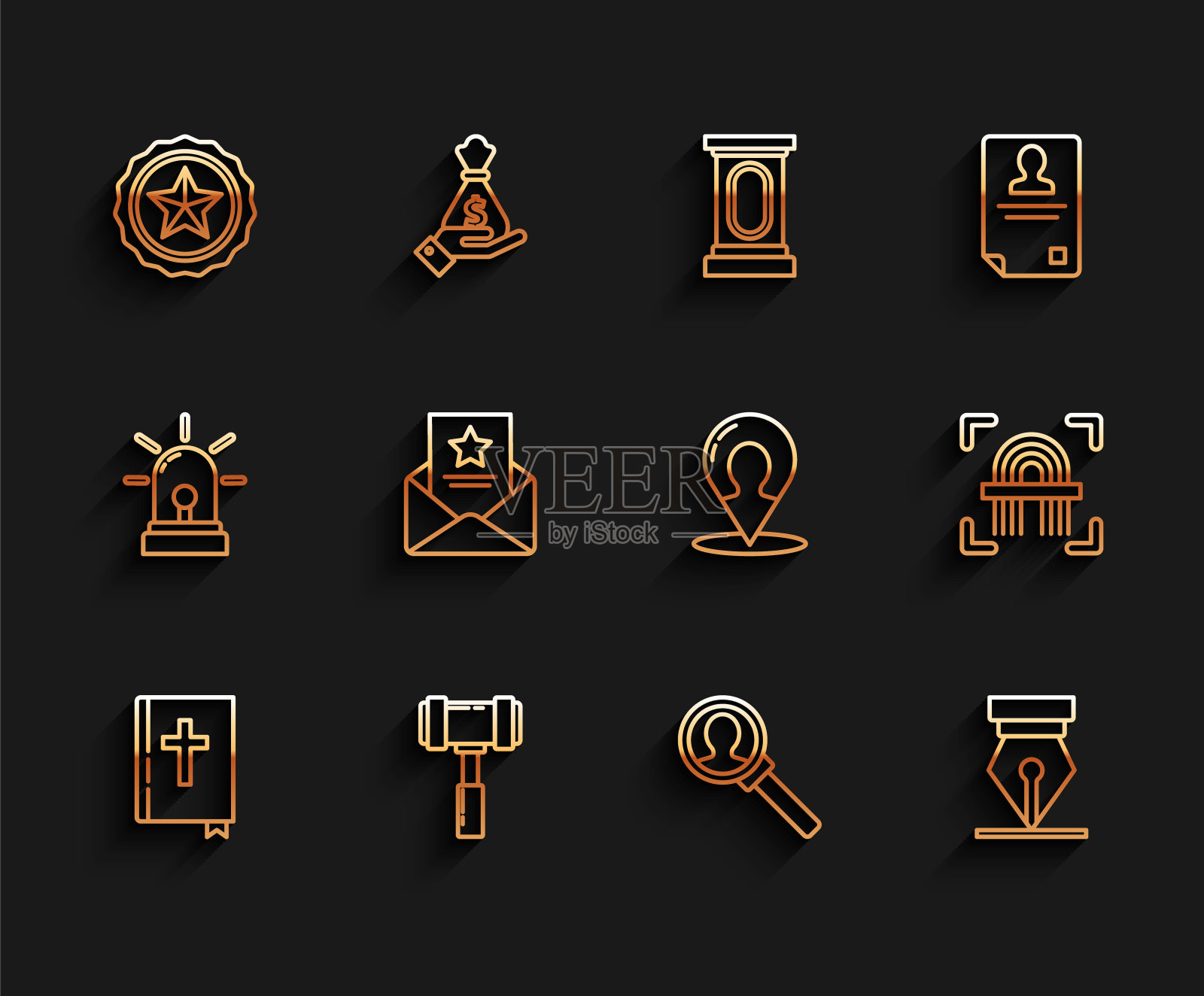 圣经、法官木槌、警察徽章和放大镜图标图标素材