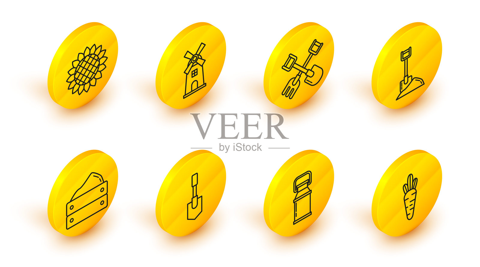 设置线胡萝卜，牛奶罐容器，铲子，木箱与收获，地面，耙子，风车和向日葵图标。向量图标素材