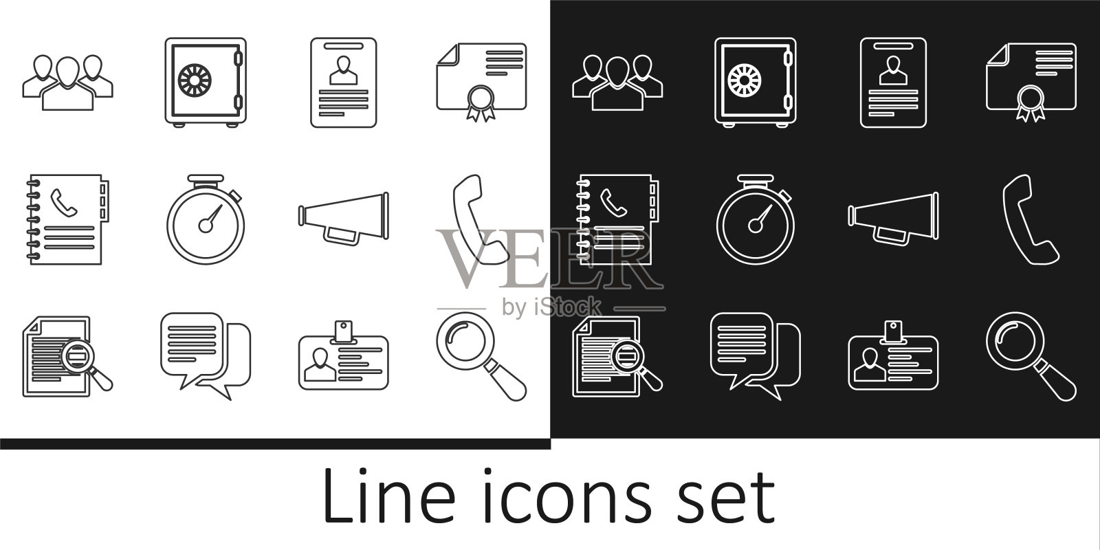 设置线放大镜，电话听筒，识别徽章，秒表，电话簿，用户组，扩音器和安全图标。向量图标素材