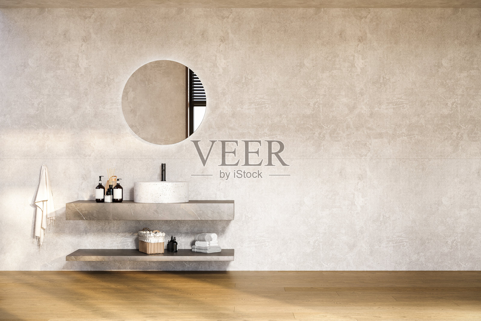 现代浴室内部配有白色浴缸、大理石梳妆台、篮子、照片摄影图片