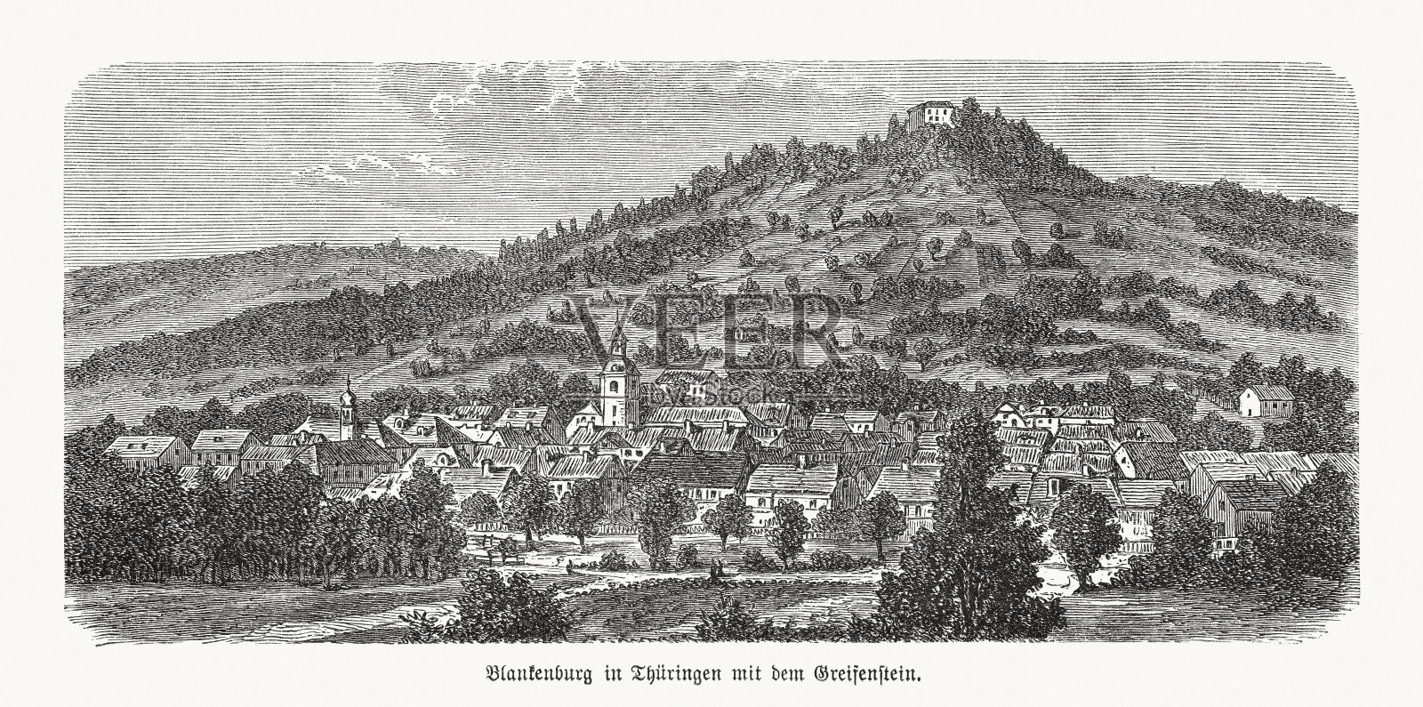 德国图林根州的坏布兰肯堡的历史观，木刻，1893年出版插画图片素材