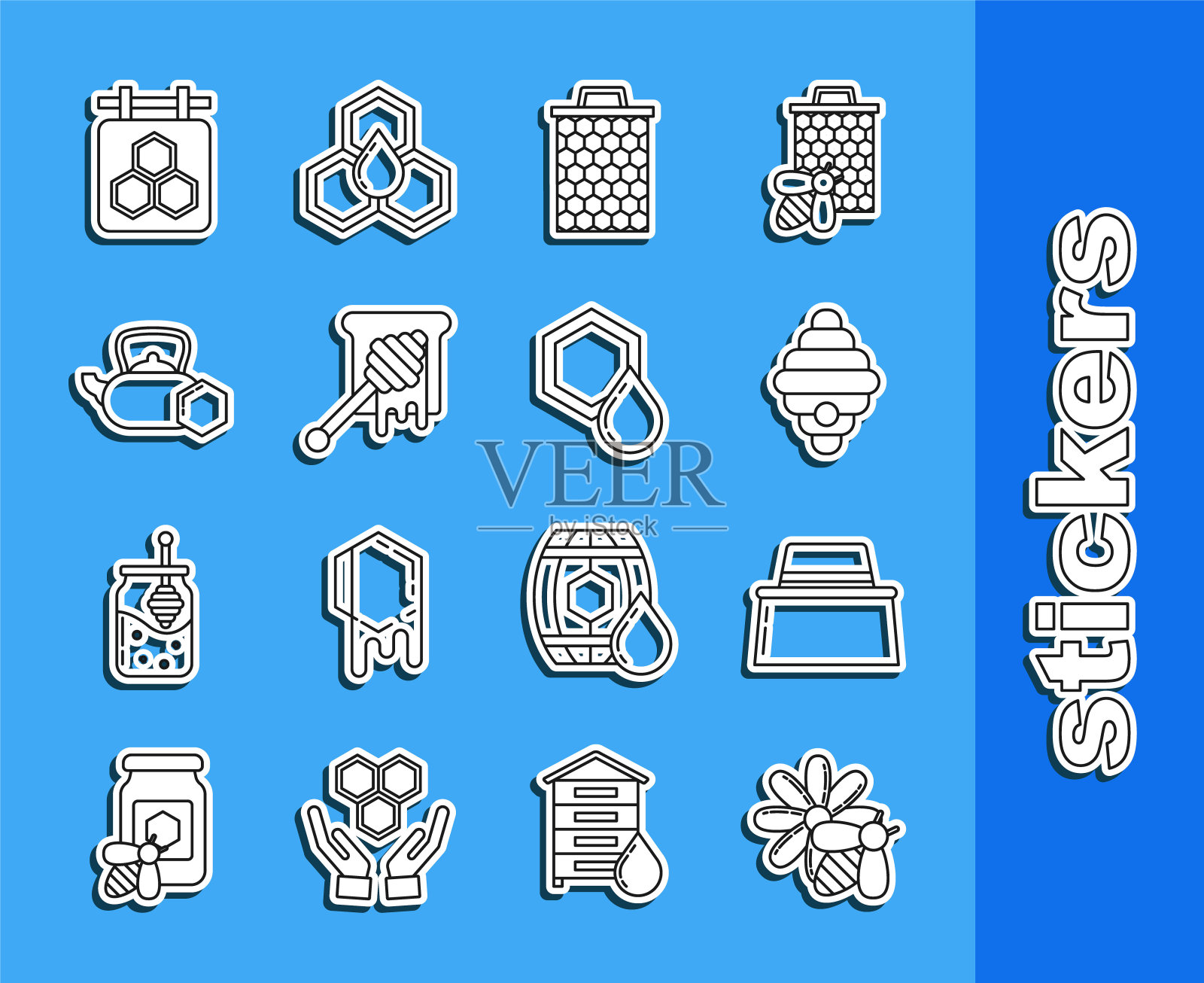 设“蜜蜂与花朵”、“带保护帽的养蜂人”、“蜜蜂的蜂巢”、“蜂巢”、“滴蜜的小勺”、“茶壶”、“蜂巢”和“图标”。向量图标素材