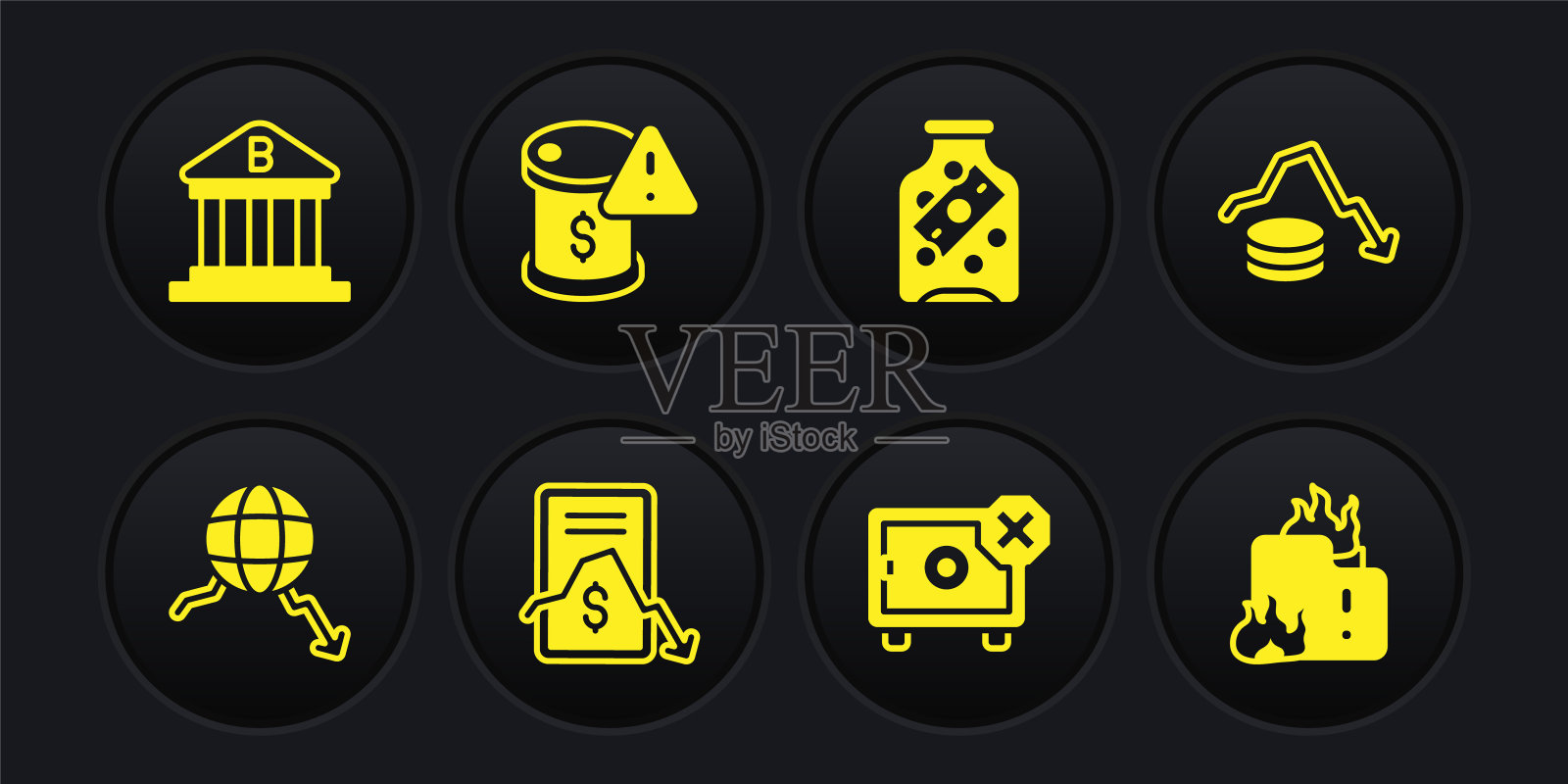 设定全球经济危机，美元汇率下跌，移动股票交易，保险箱，玻璃钱罐硬币，原油价格下跌，大火燃烧的房子和银行大楼的图标。向量图标素材