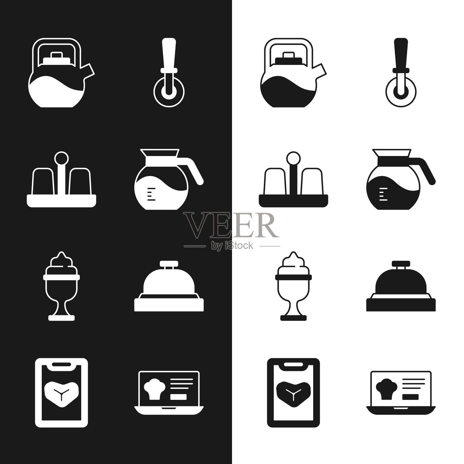 设置咖啡壶，盐和胡椒，水壶与手柄，比萨刀，冰淇淋在碗，酒店服务铃，网上订购送货和餐厅咖啡厅菜单图标。向量图标素材