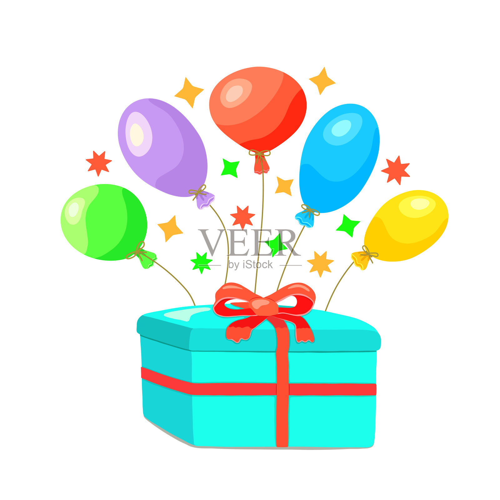 礼物蓝盒子和彩色气球在一个白色孤立的正方形背景。一个节日，孩子们的娱乐。单个元素。用于社交网络。矢量插图。插画图片素材