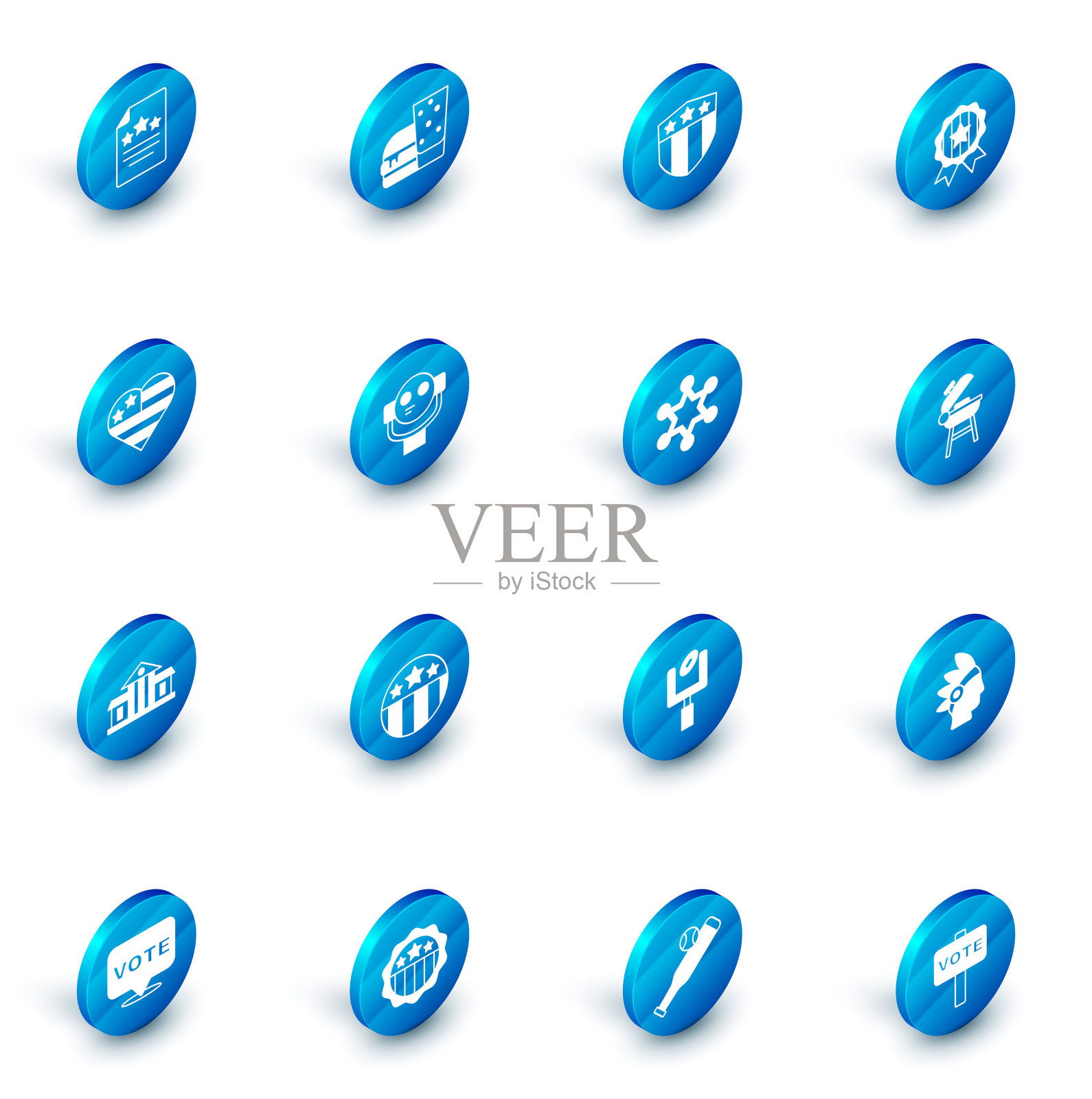 集汉堡，盾与星星，奖章，美国独立日，白宫，游客双筒望远镜，烧烤架和六角警长图标。向量图标素材