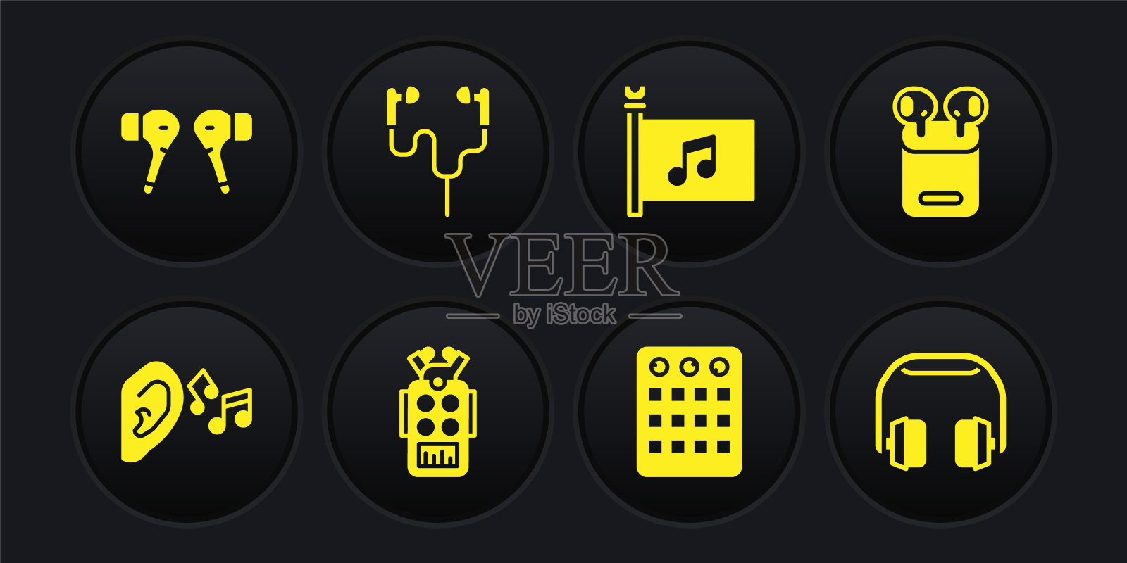 设置耳朵听声音信号，空气耳机在盒子里，麦克风，鼓机，音乐节旗帜，耳机和图标。向量图标素材