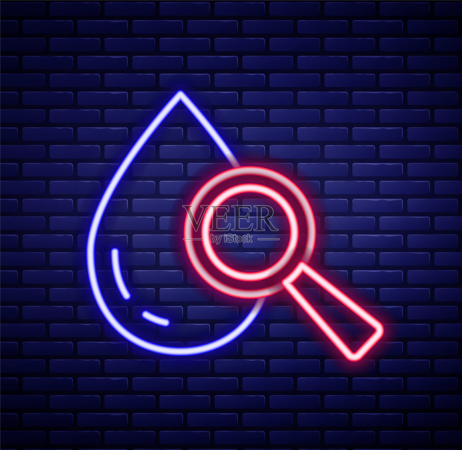 发光的霓虹灯线下降和放大镜图标孤立的砖墙背景。色彩缤纷的轮廓概念。向量插画图片素材