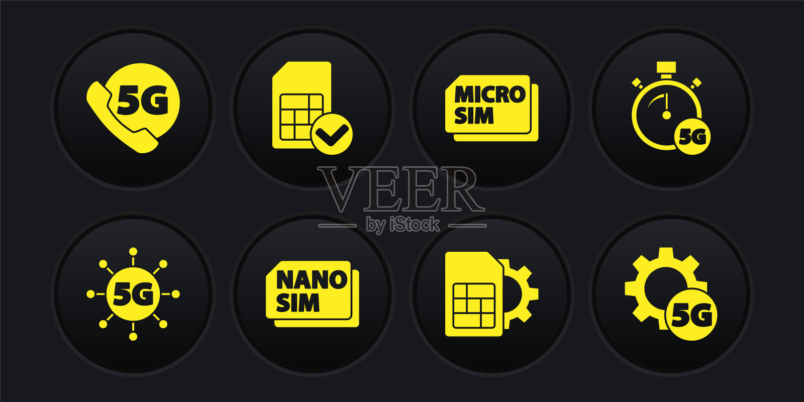 设置5G网络，数字速度计，Nano Sim卡，卡设置，Micro，设置和手机图标。向量图标素材