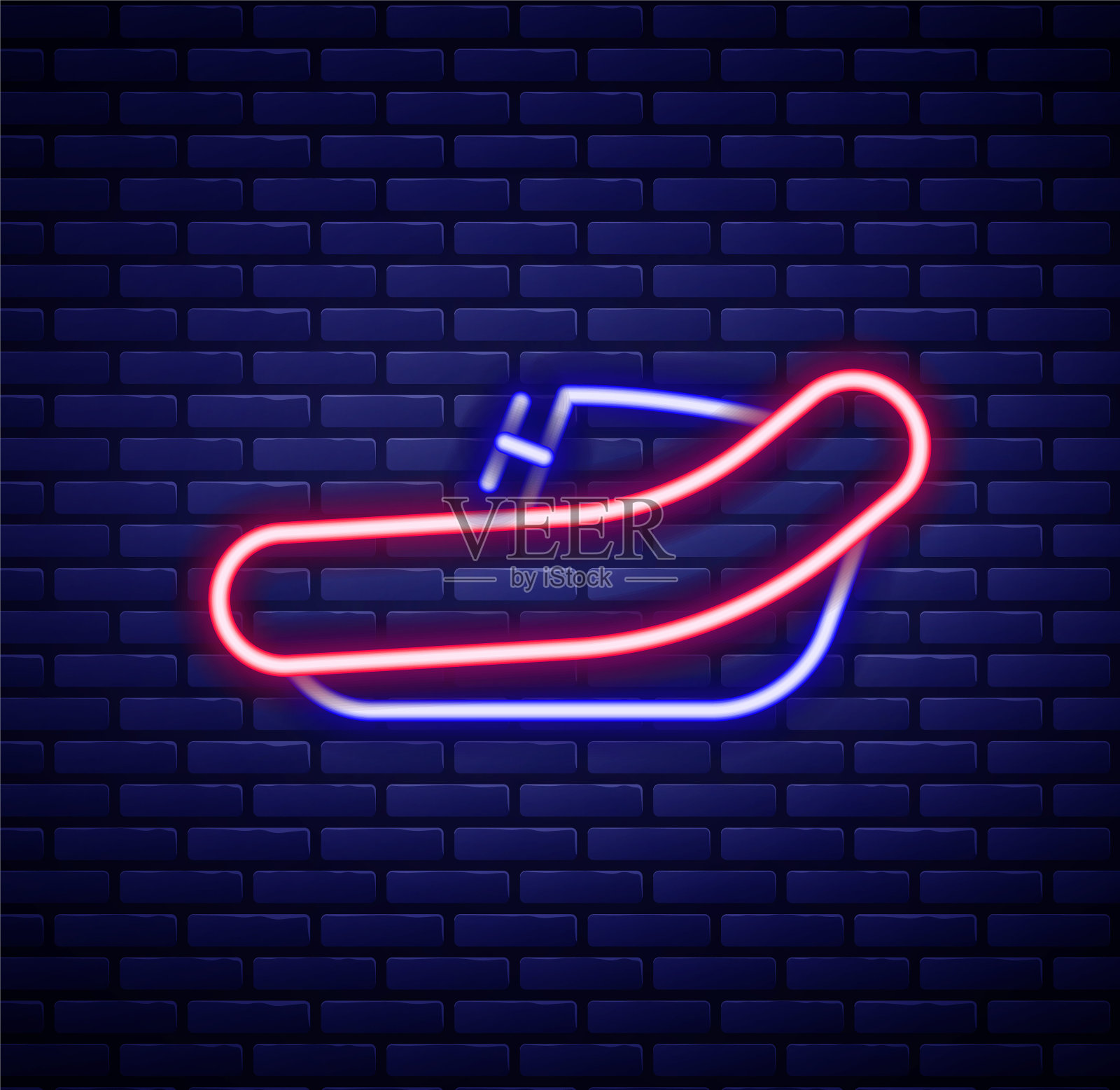 发光的霓虹灯线充气船与舷外电机图标隔离在砖墙背景。色彩缤纷的轮廓概念。向量插画图片素材