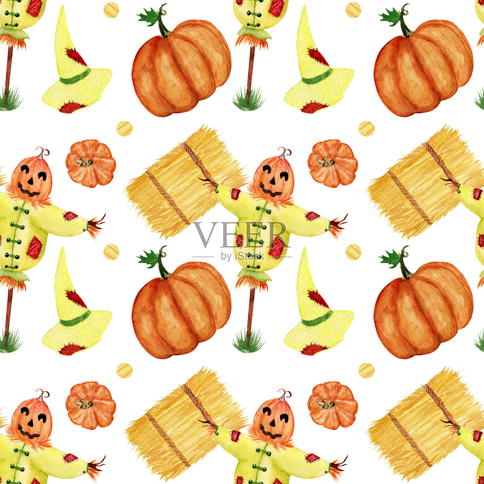 水彩图案，有趣的稻草人，南瓜，帽子，干草堆和点在白色的背景。插画图片素材