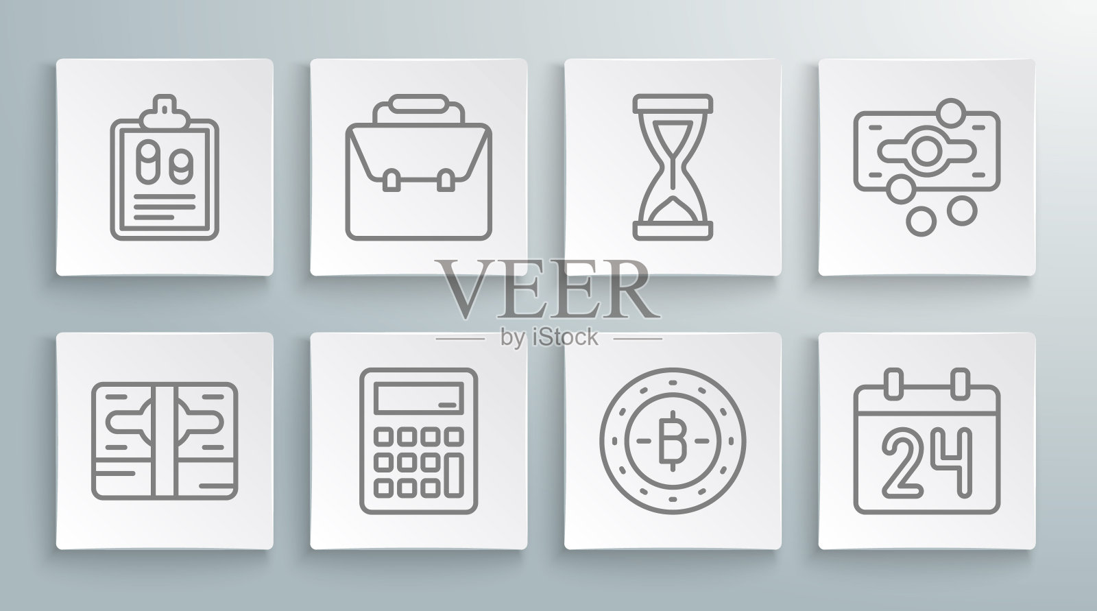 设置线堆栈纸币现金，公文包，计算器，比特币，日历，旧沙漏，和企业财务报告图标。向量图标素材