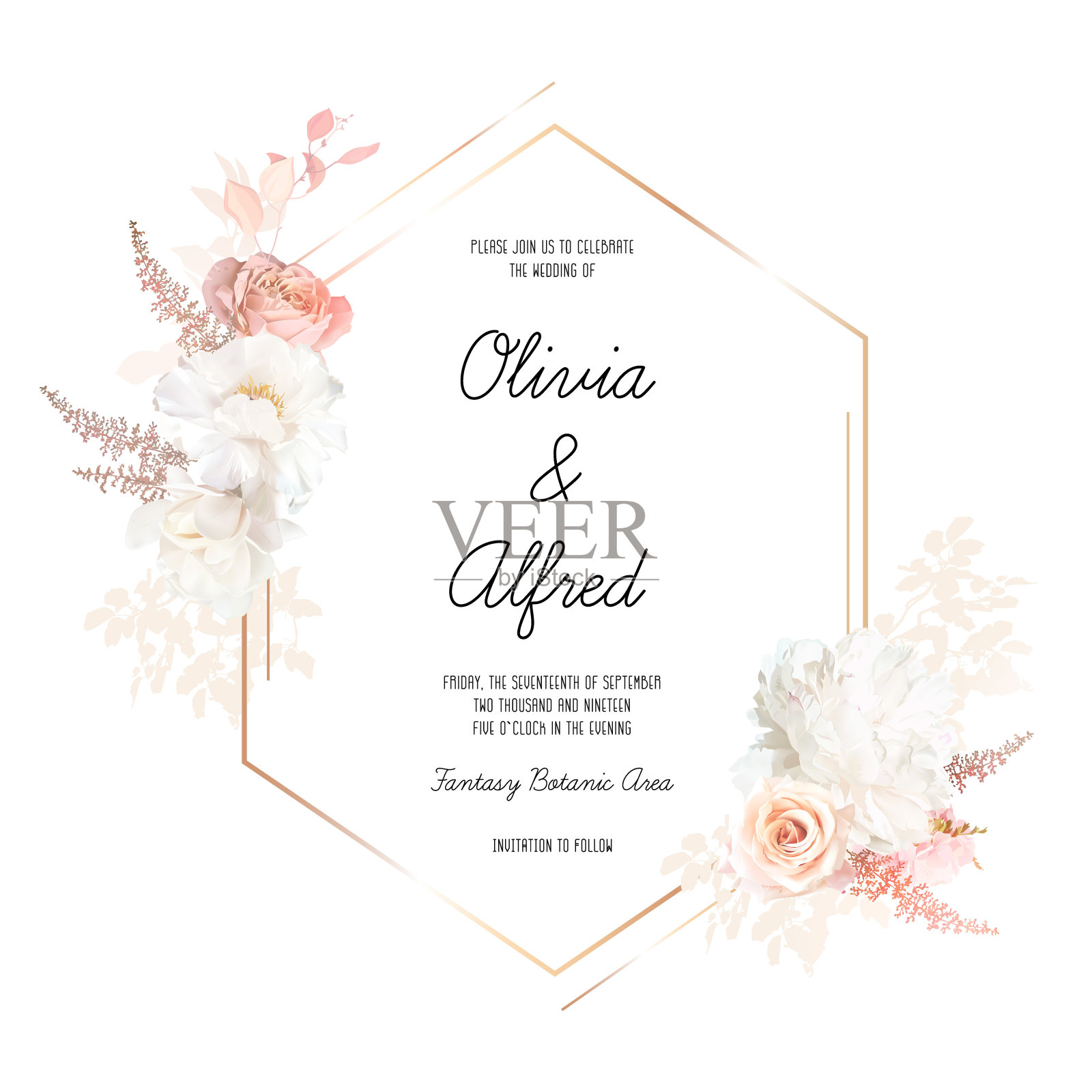 金色，粉红，米色，白玫瑰，牡丹，兰花，毛茛花，lagarus，潘帕斯草，蕨类，干棕榈叶插画图片素材