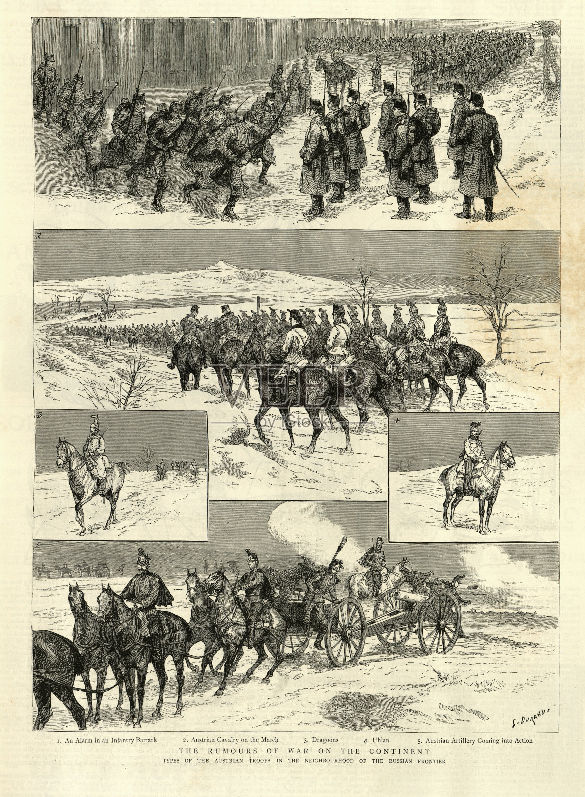 欧洲大陆的战争传闻，奥地利军队在俄国边境，19世纪插画图片素材