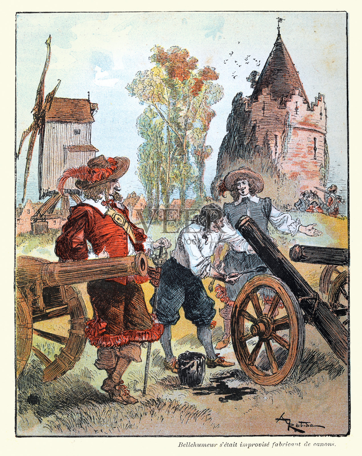 17世纪法国士兵制造假大炮欺骗敌人，战争中的欺骗，历史插画图片素材