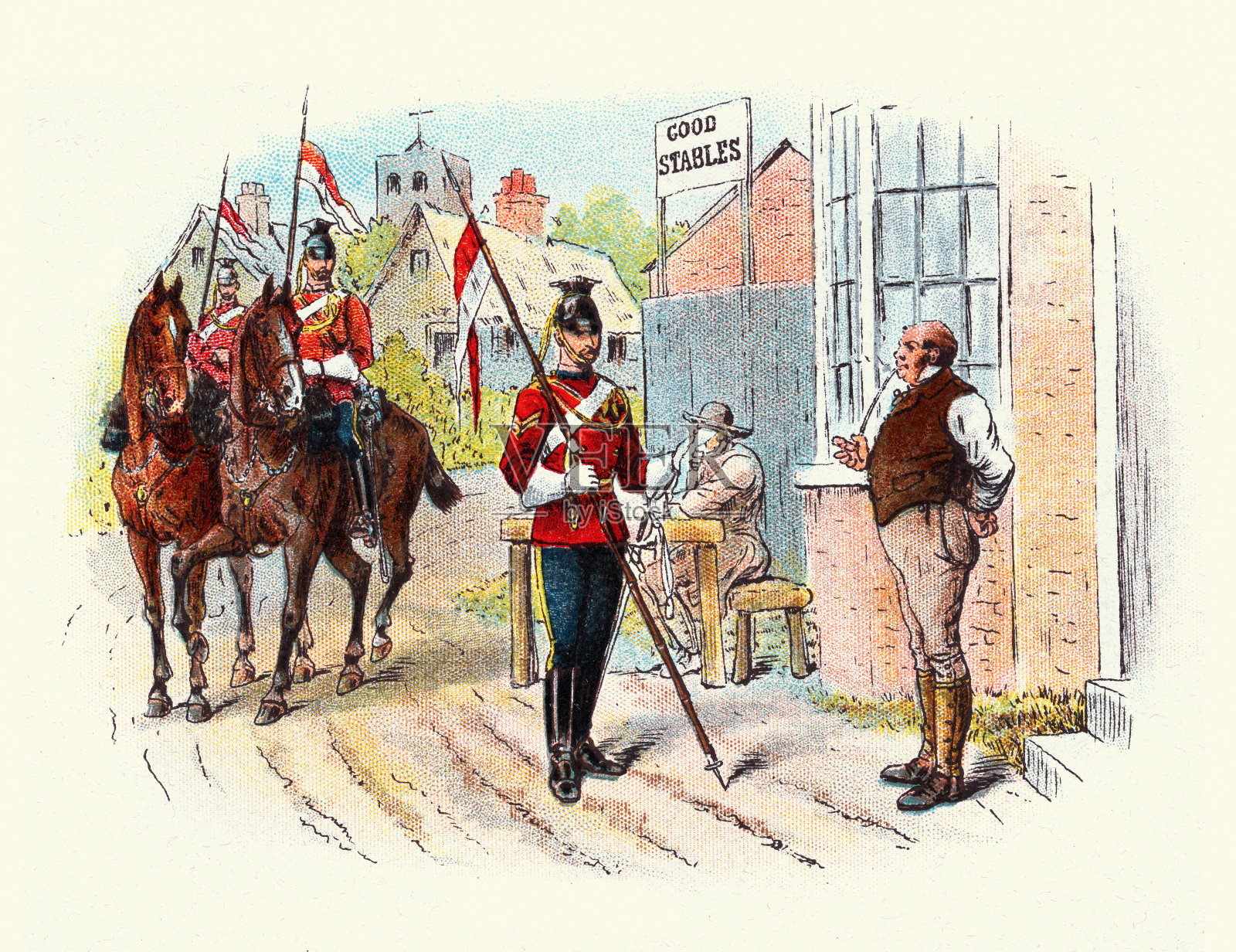 维多利亚时期英国陆军，骑兵，枪骑兵，士兵，军事史，兵营，19世纪90年代插画图片素材