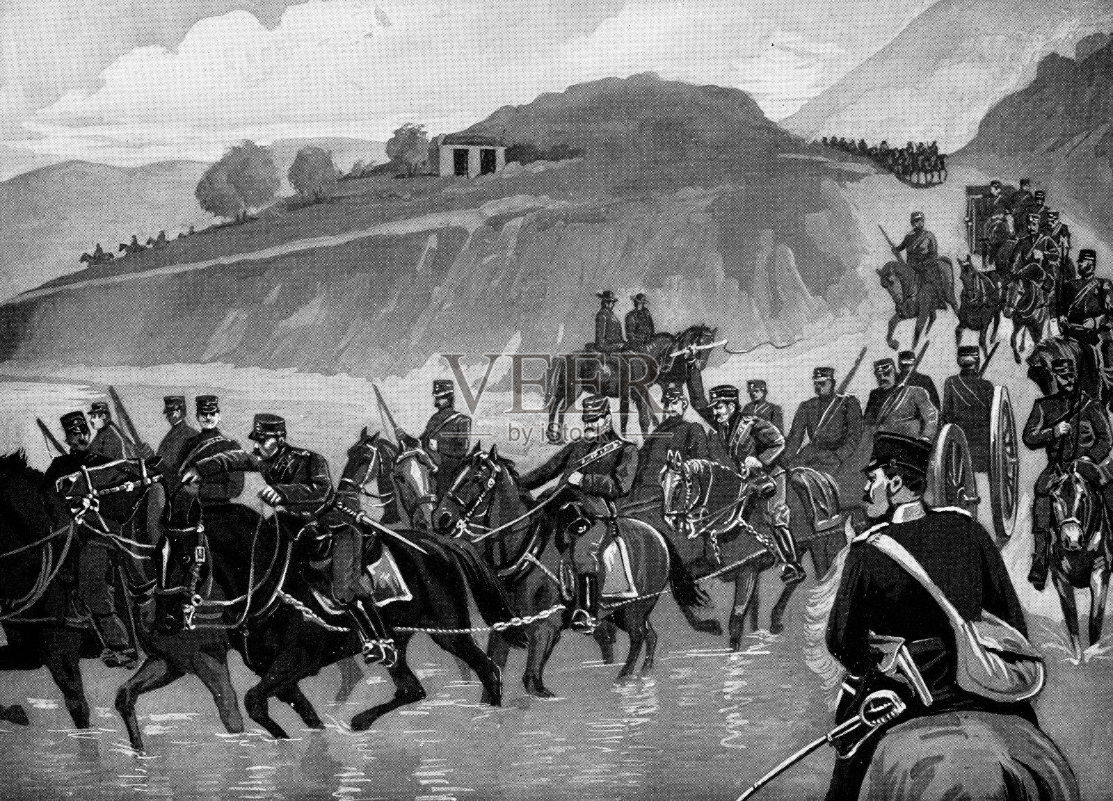 德兰士瓦州炮兵进入南非第一次布尔战争的前线- 19世纪插画图片素材