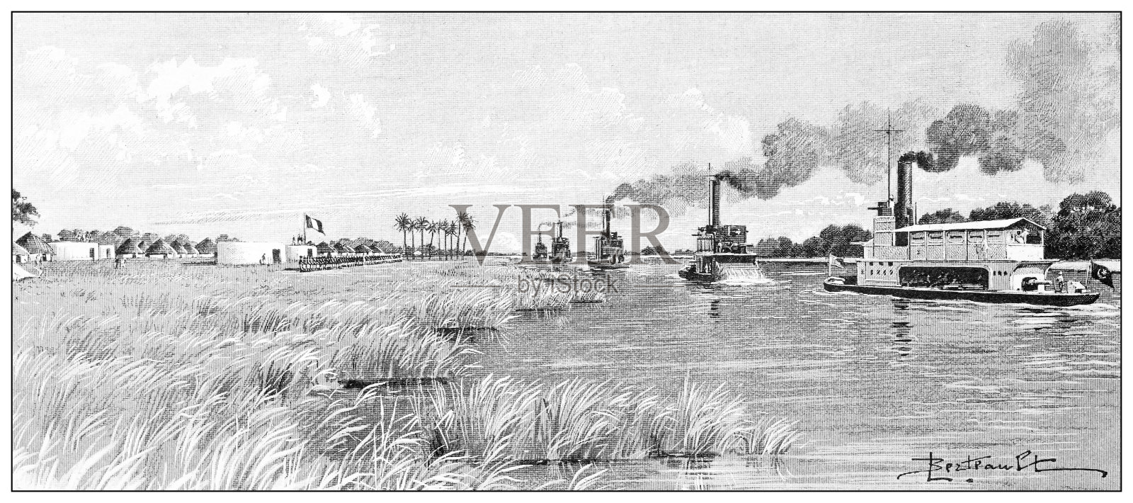 古画:在南苏丹法索达(科多克)，英埃船只插画图片素材