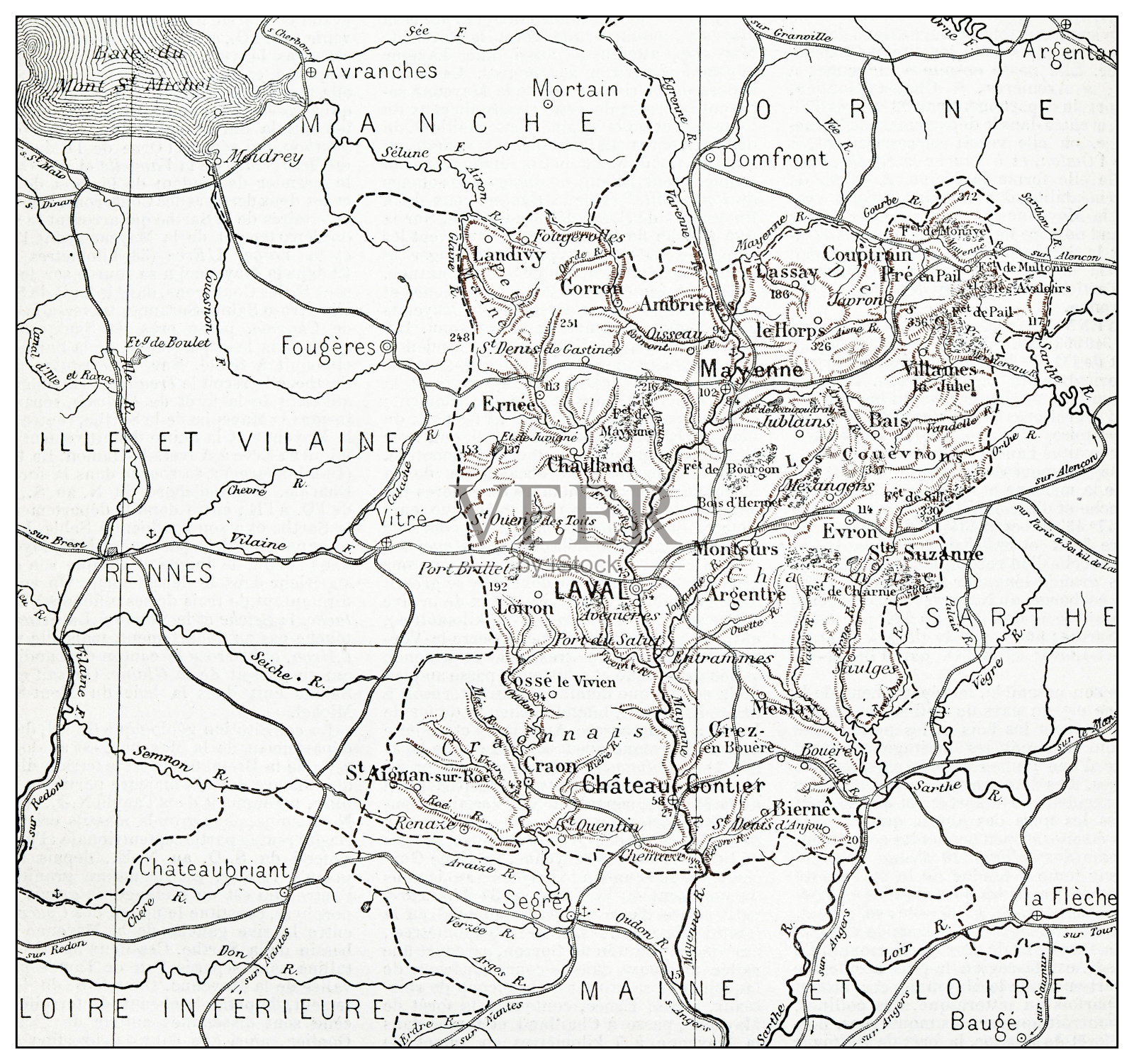 La Mayenne的古法国地图(département)插画图片素材