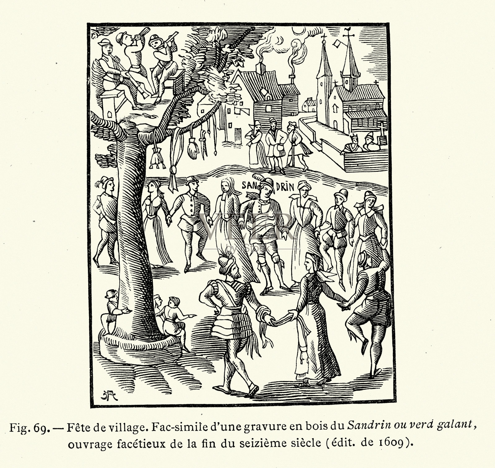 中世纪的乡村庆典，音乐家，人们在树下围成一圈跳舞，16世纪末插画图片素材