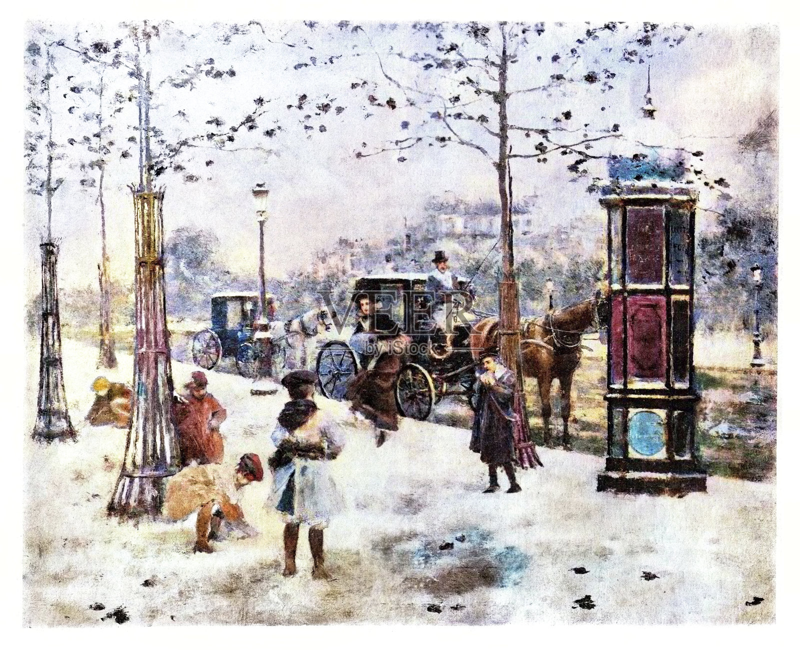 1899年，在法国巴黎玩雪的孩子们插画图片素材
