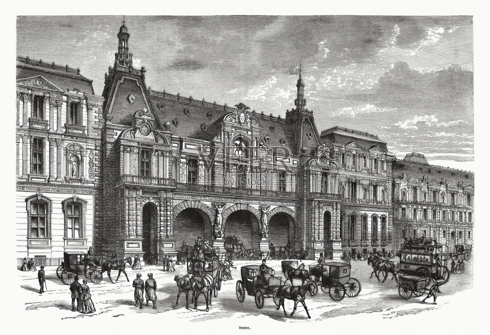 法国巴黎塞纳河河畔的卢浮宫，木刻，1870年出版插画图片素材