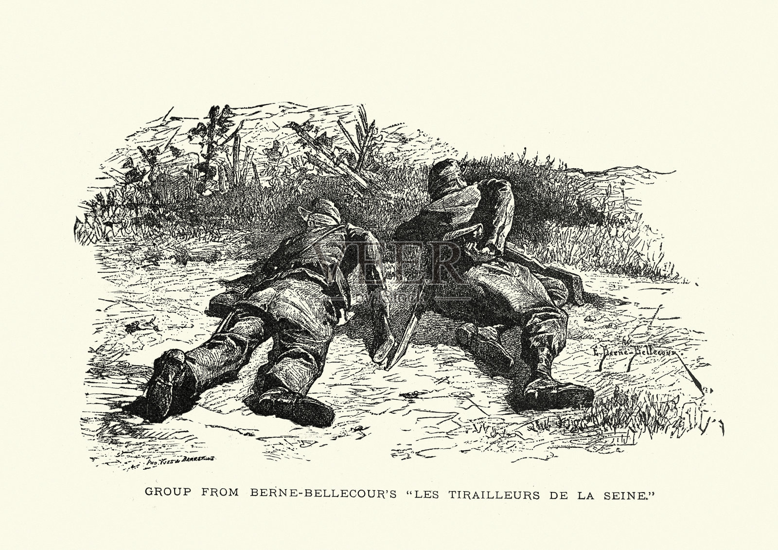 19世纪，维多利亚时代，法国士兵从草丛中剪草插画图片素材