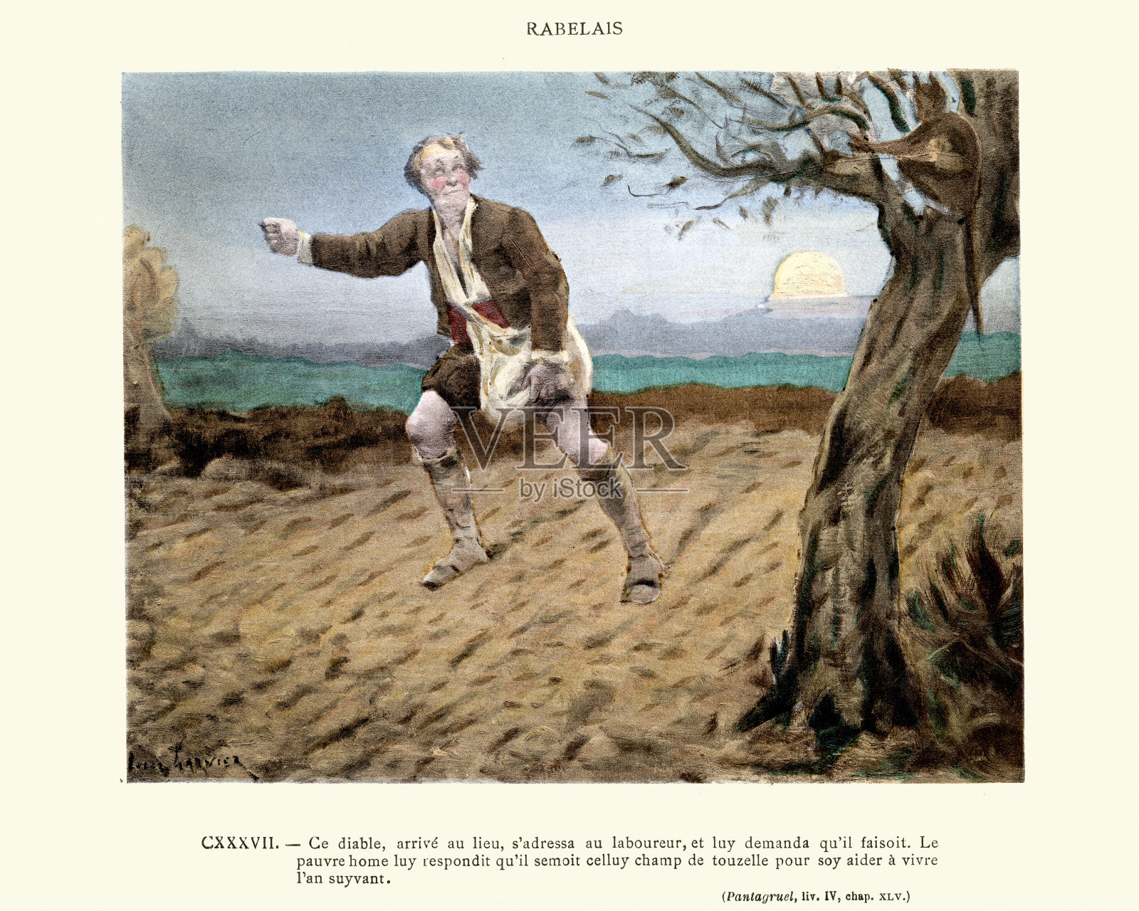 拉伯雷的《巨人》和《潘塔格鲁埃尔》中，穷人告诉他，他正在地里播种玉米插画图片素材