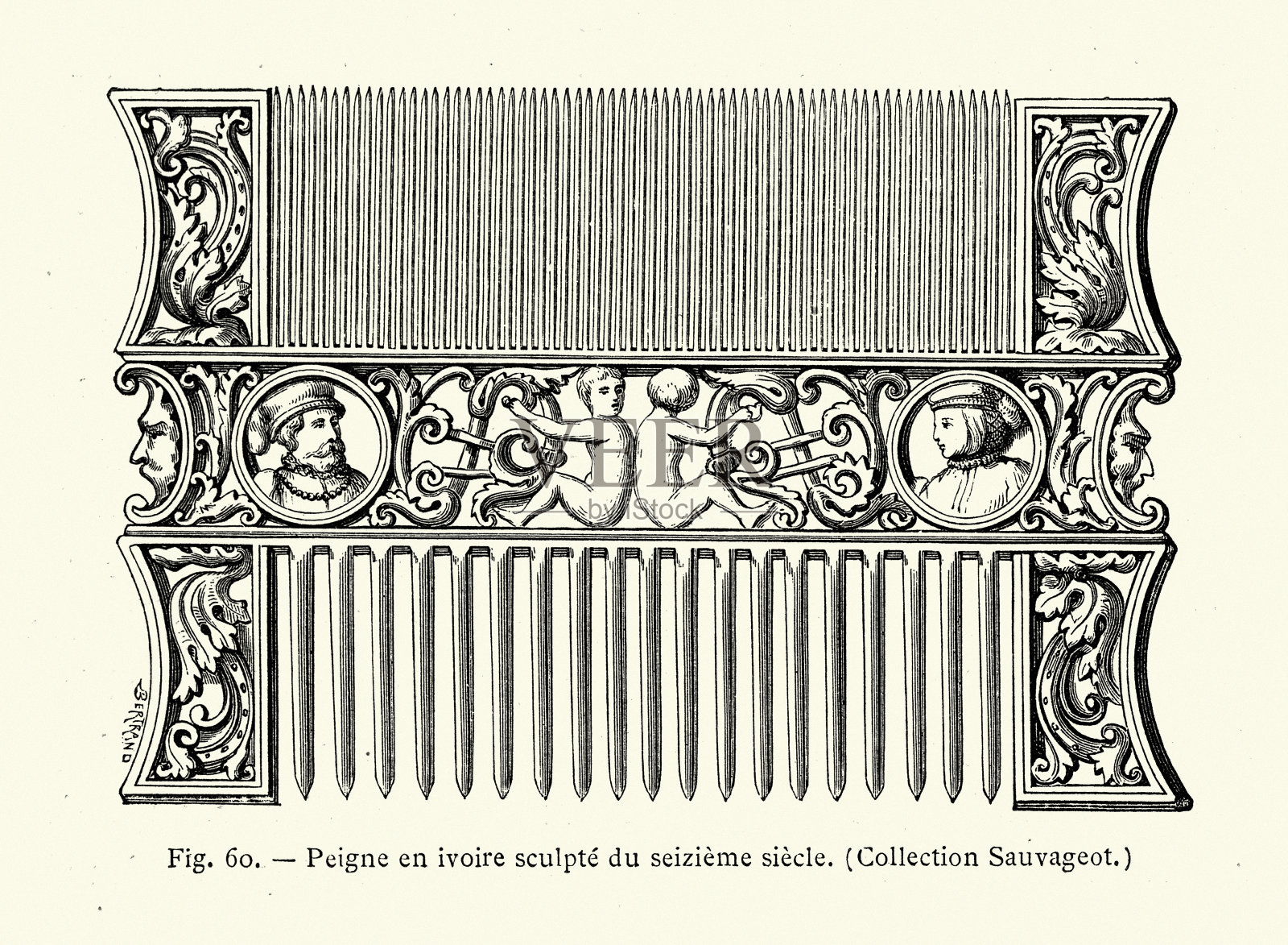 十六世纪的象牙雕刻梳子插画图片素材