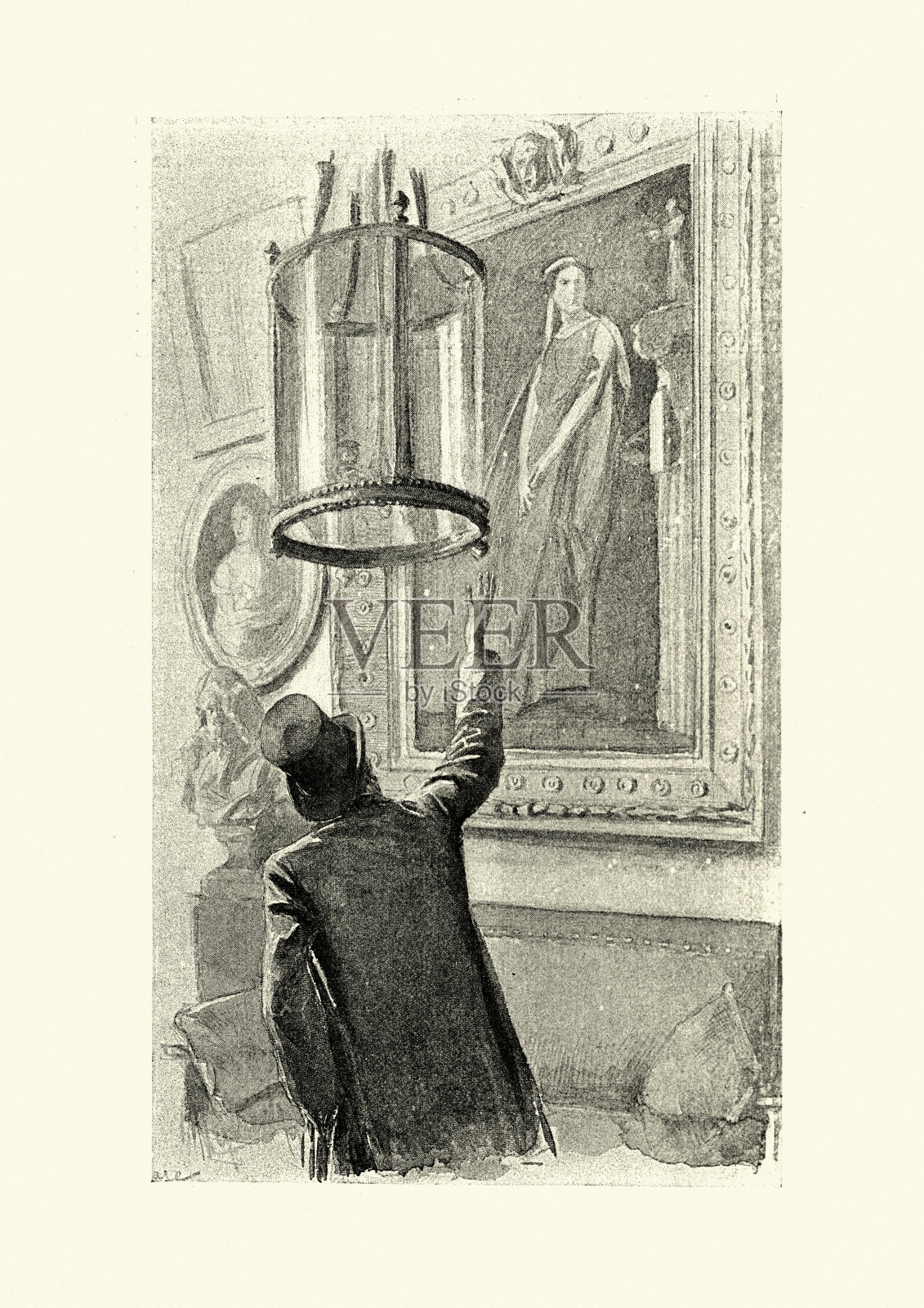 一个男人正在欣赏一个女人的肖像，维多利亚19世纪插画图片素材