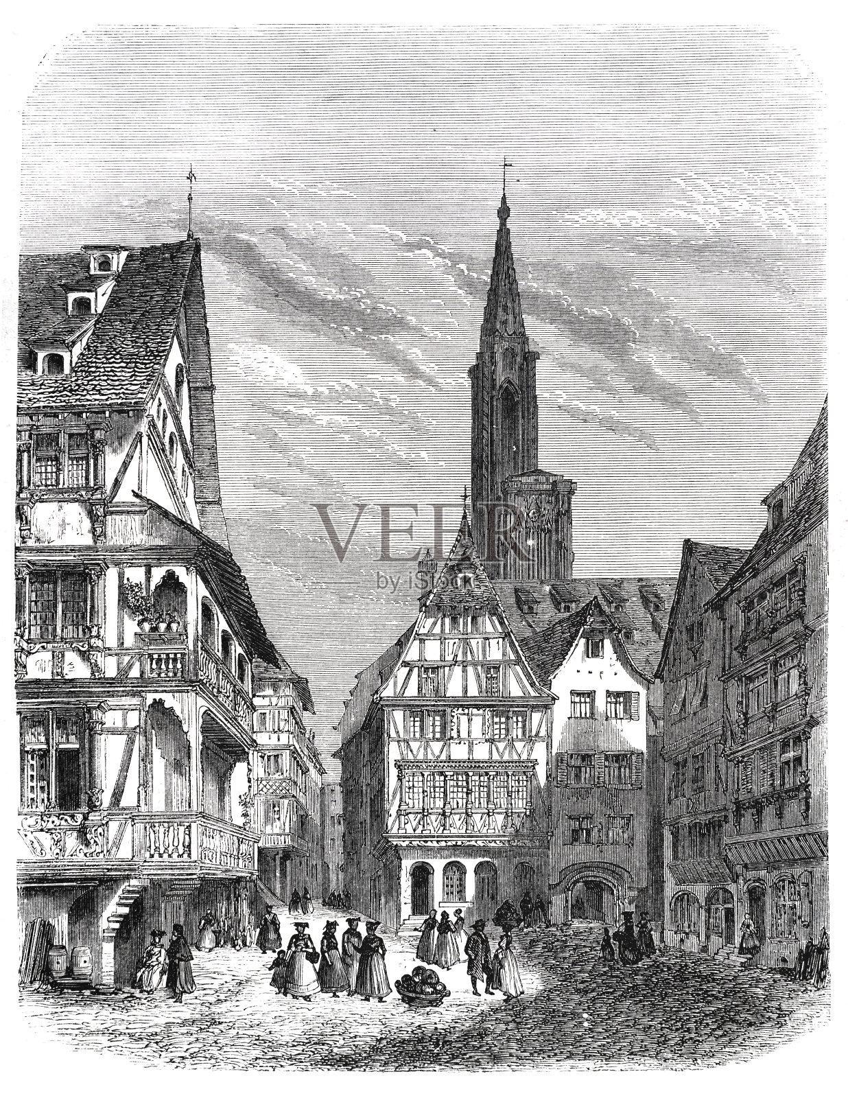 斯特拉斯堡老城，阿尔萨斯大教堂，法国1861年插画图片素材