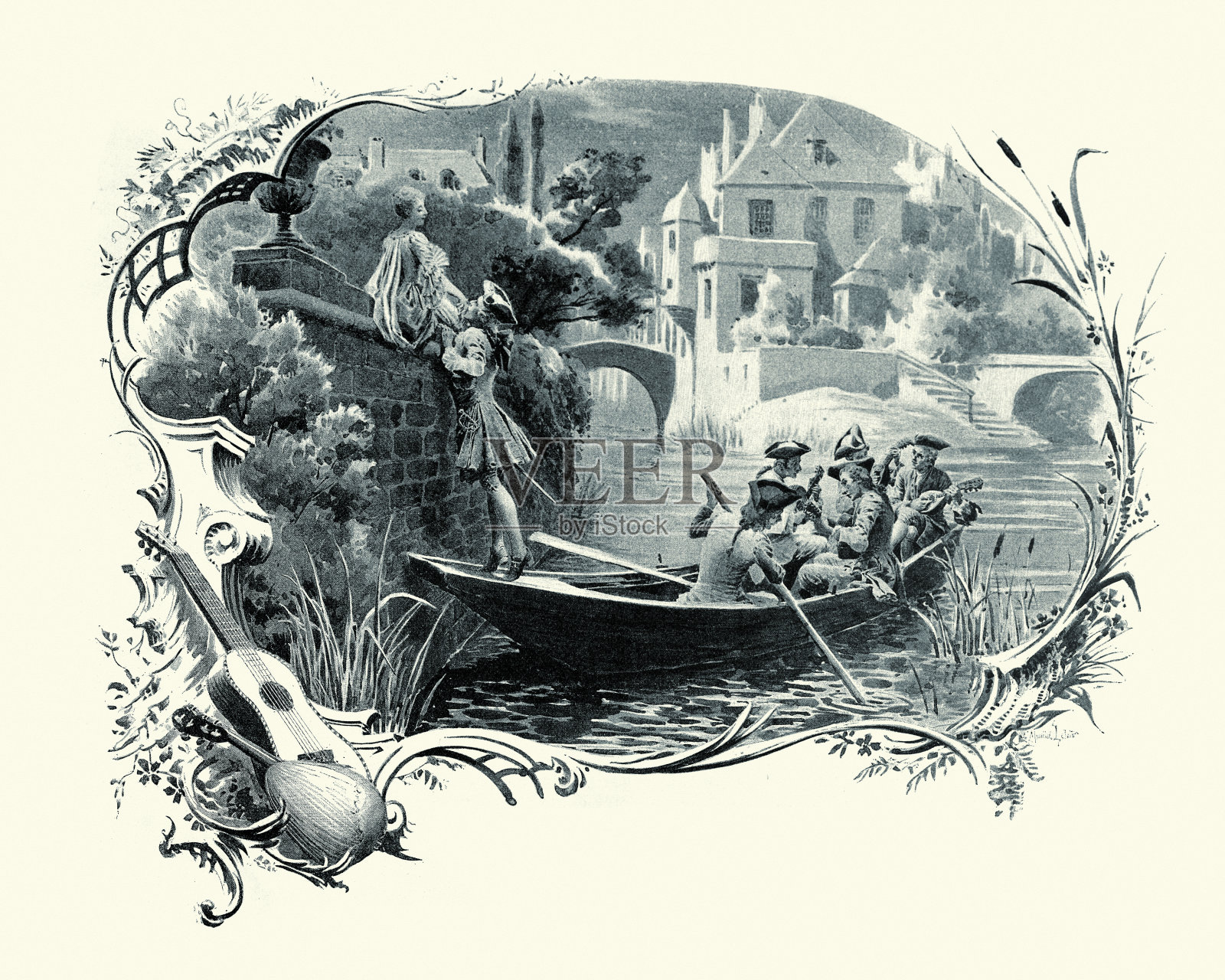 年轻人为他的心上人唱小夜曲，18世纪的浪漫风格插画图片素材