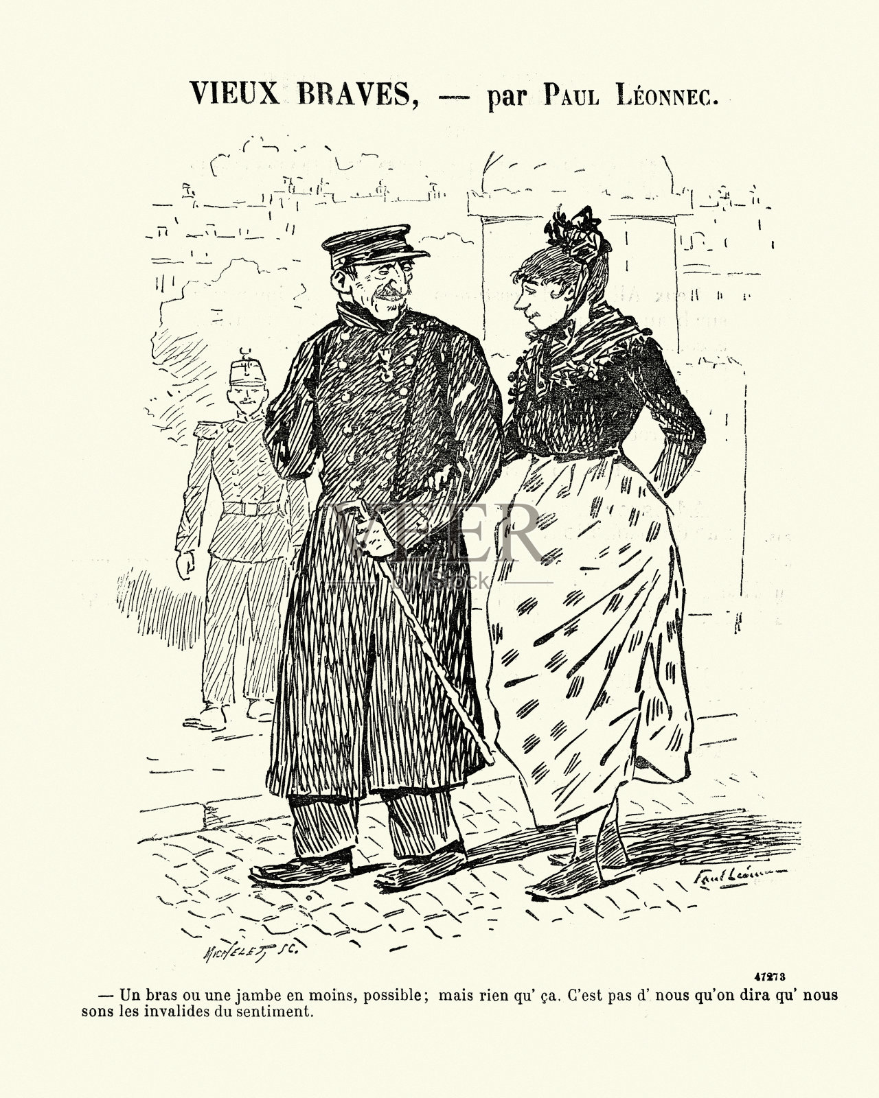 截肢老兵和他的爱人，维多利亚时代的法国卡通插画图片素材