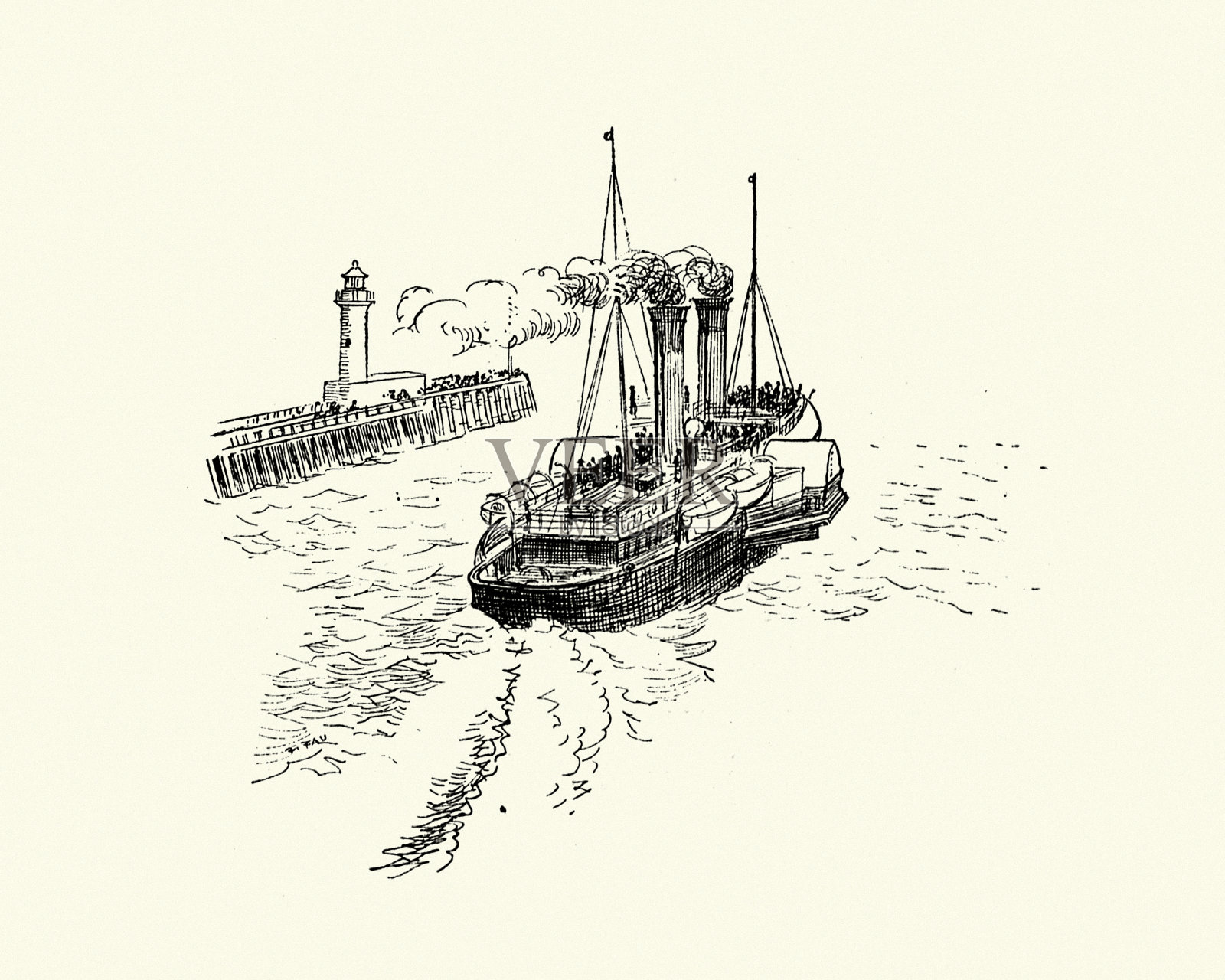 一艘维多利亚船桨渡轮的复古草图，19世纪90年代，法国插画图片素材