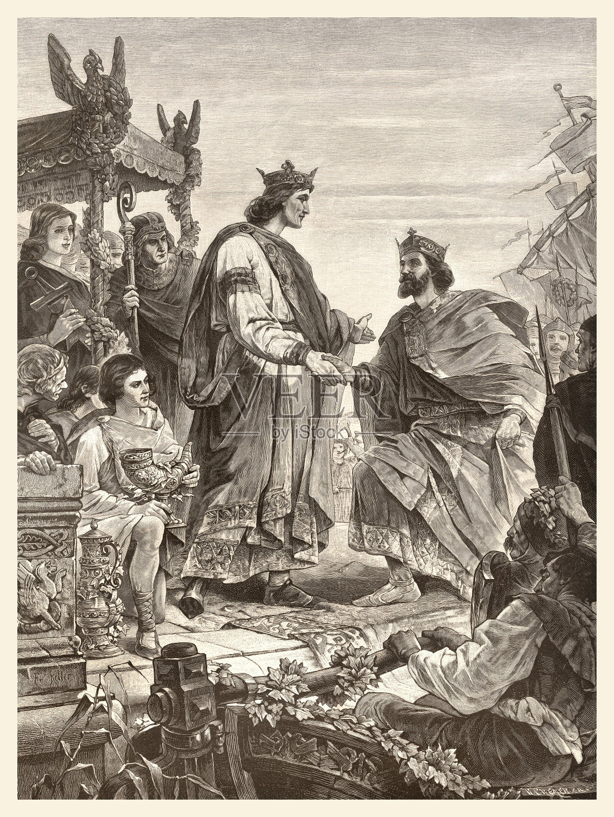 法国查理三世和德国亨利一世签订的波恩条约921年插画图片素材