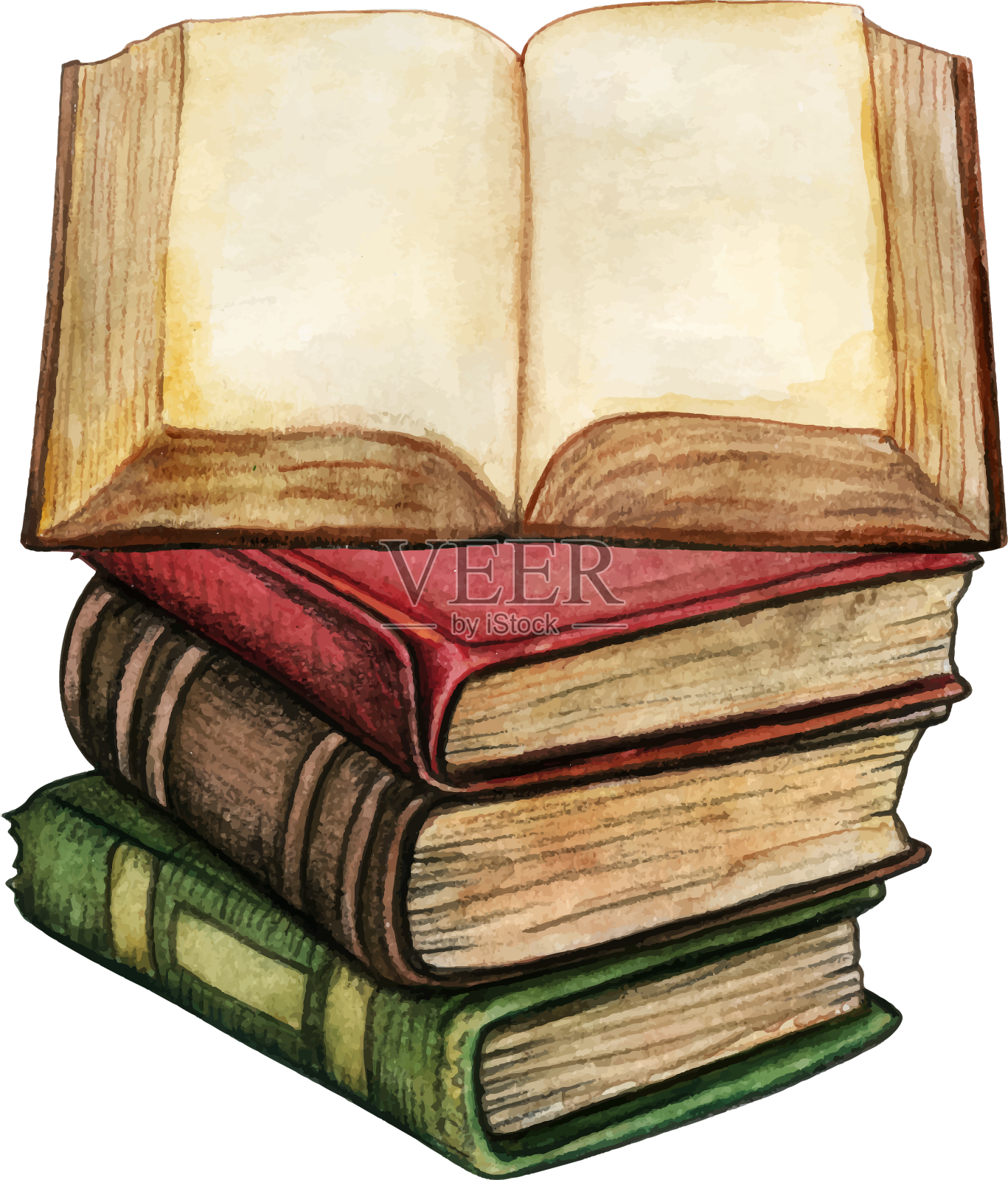 水彩古书堆与打开书设计元素图片