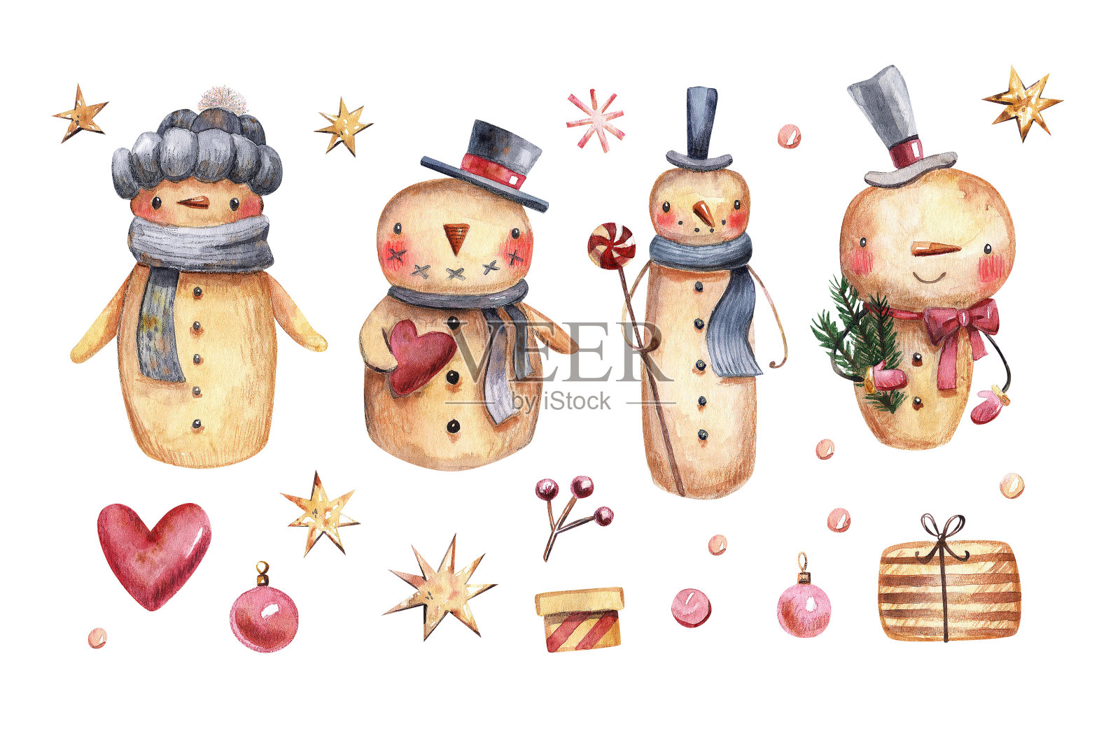 可爱的卡通风格的水彩雪人。幼稚的手绘插图孤立在白色背景上。插画图片素材