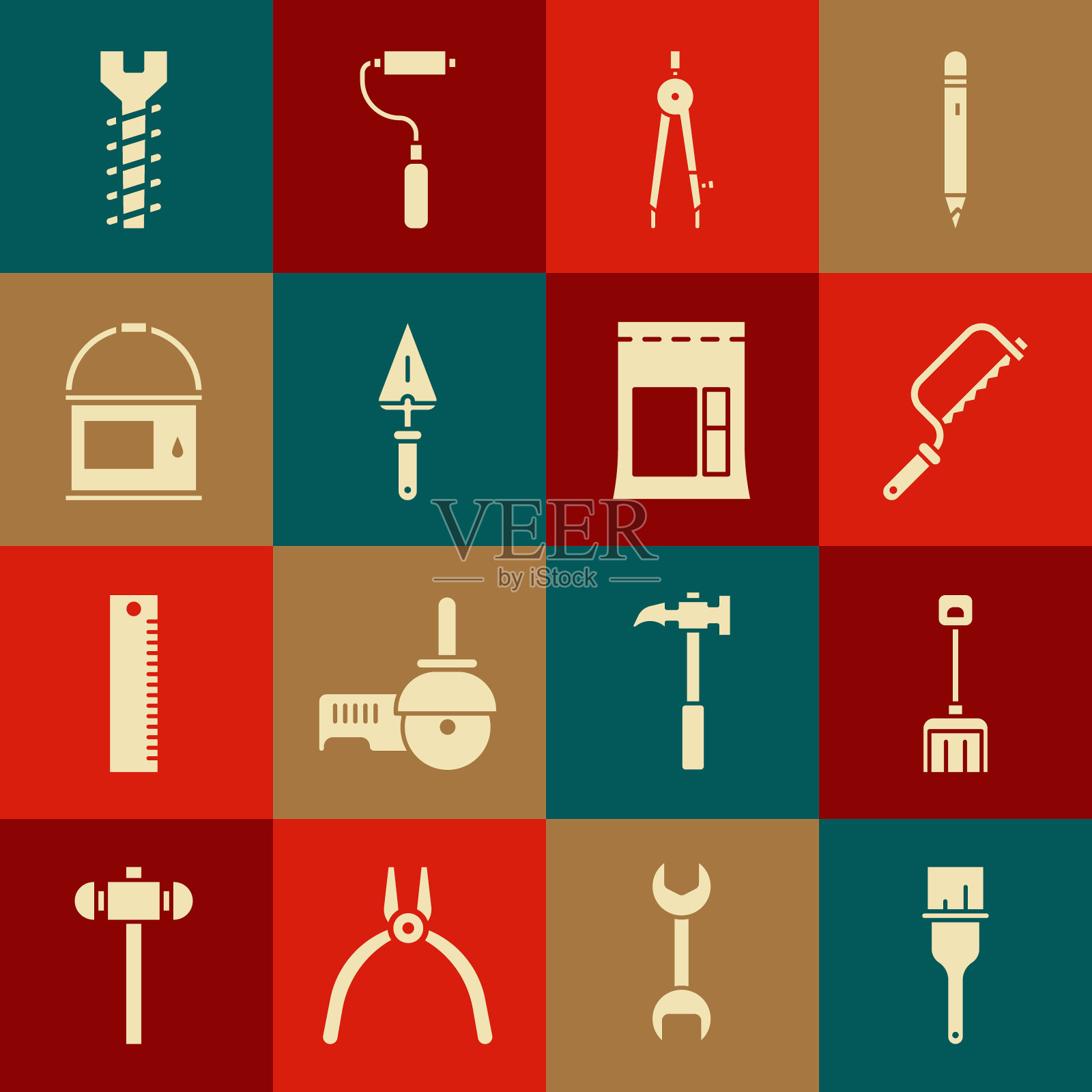 集油漆刷，雪铲，钢锯，绘图指南针，镘刀，桶，金属螺丝和水泥袋图标。向量图标素材