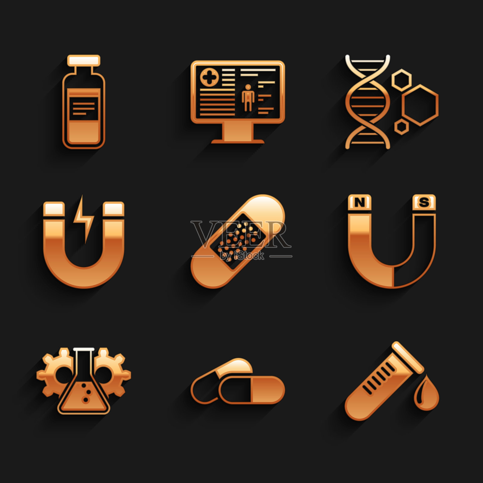 套装绷带膏，药物药丸或片剂，滴血试管，磁铁，生物工程和闪电图标。向量图标素材